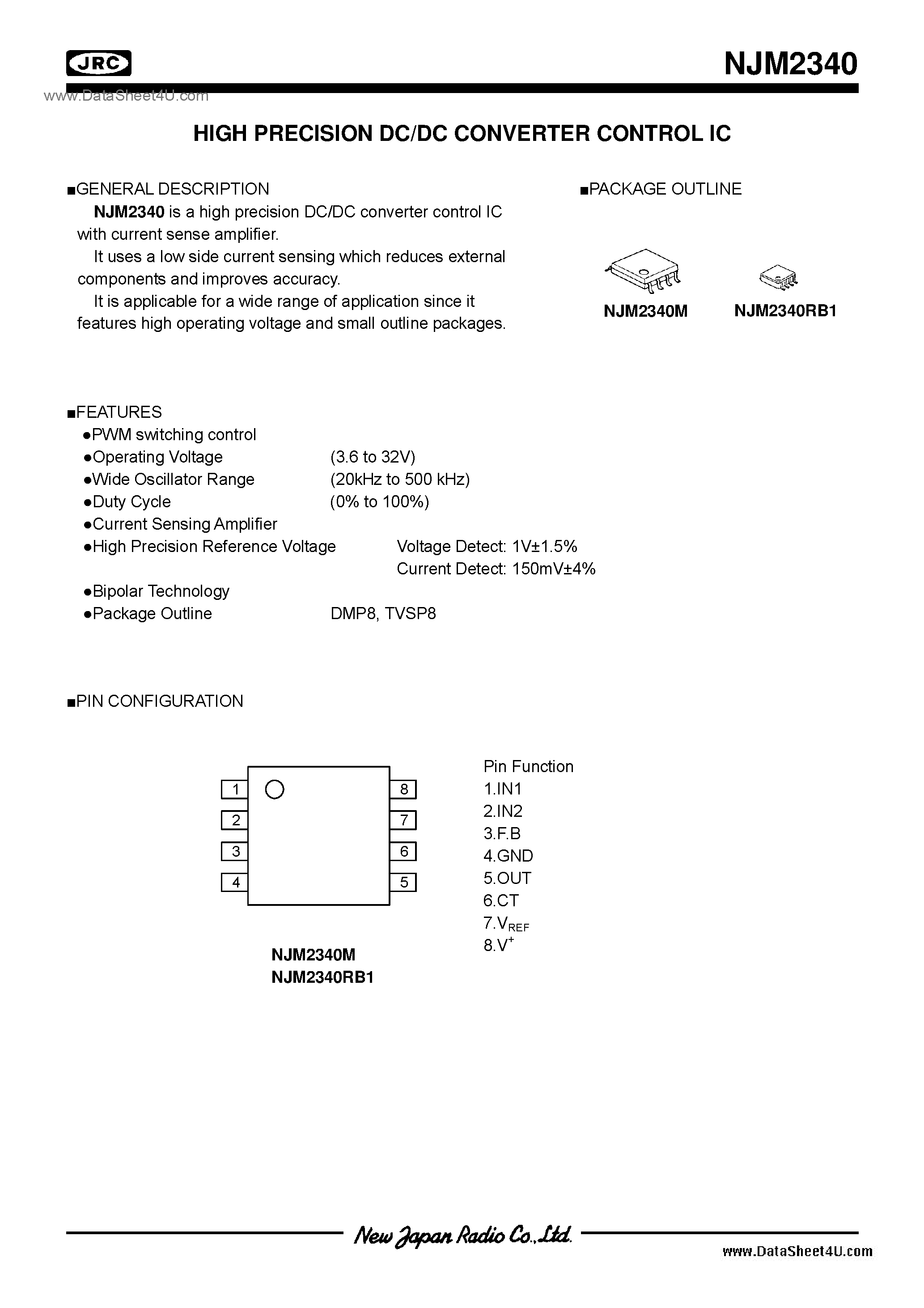Datasheet NJM2340 page 1 Datasheet NJM2340 - Switching Regulator IC / DMP8 / TVSP8 page 1
