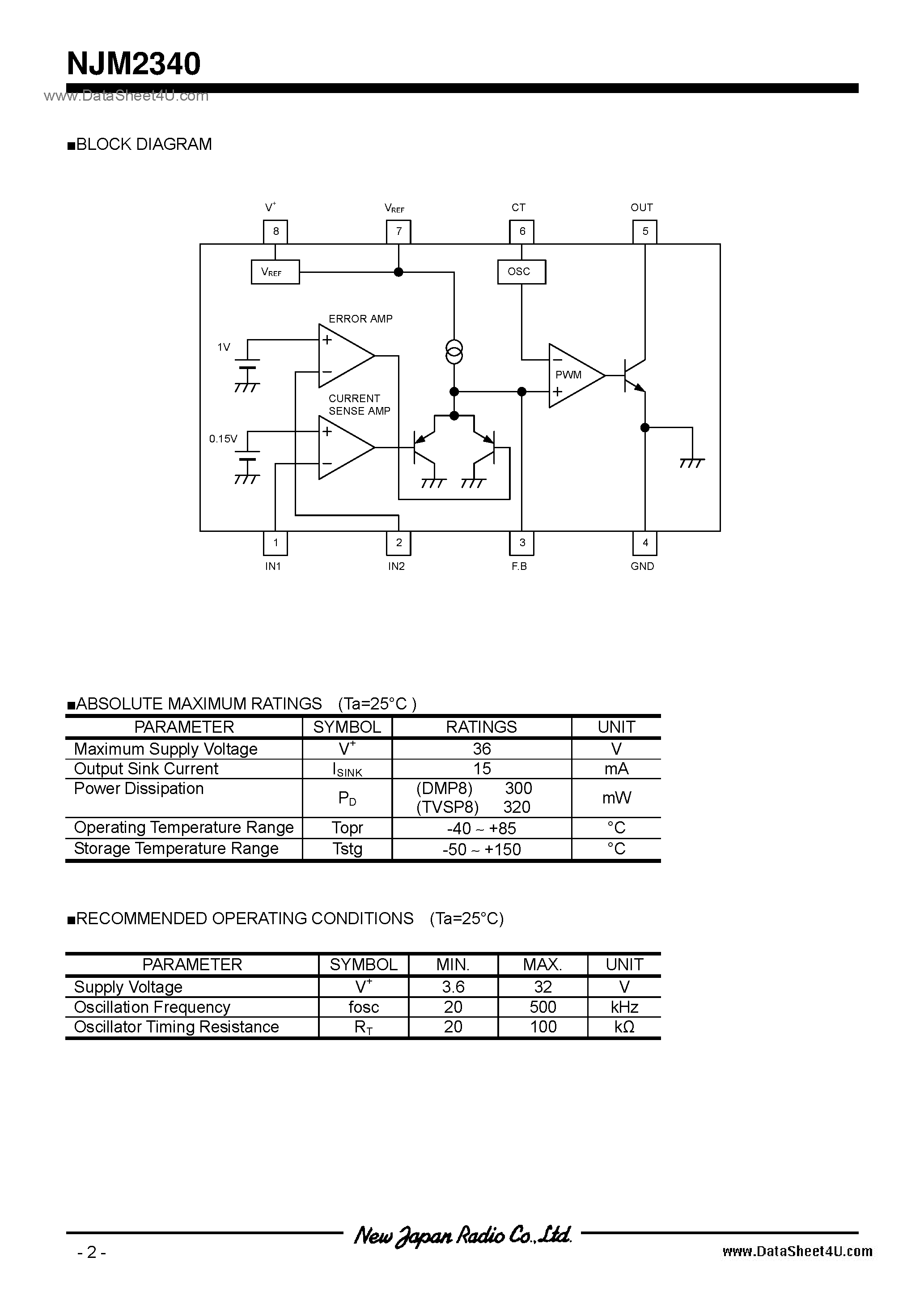 Datasheet NJM2340 page 2 Datasheet NJM2340 - Switching Regulator IC / DMP8 / TVSP8 page 2