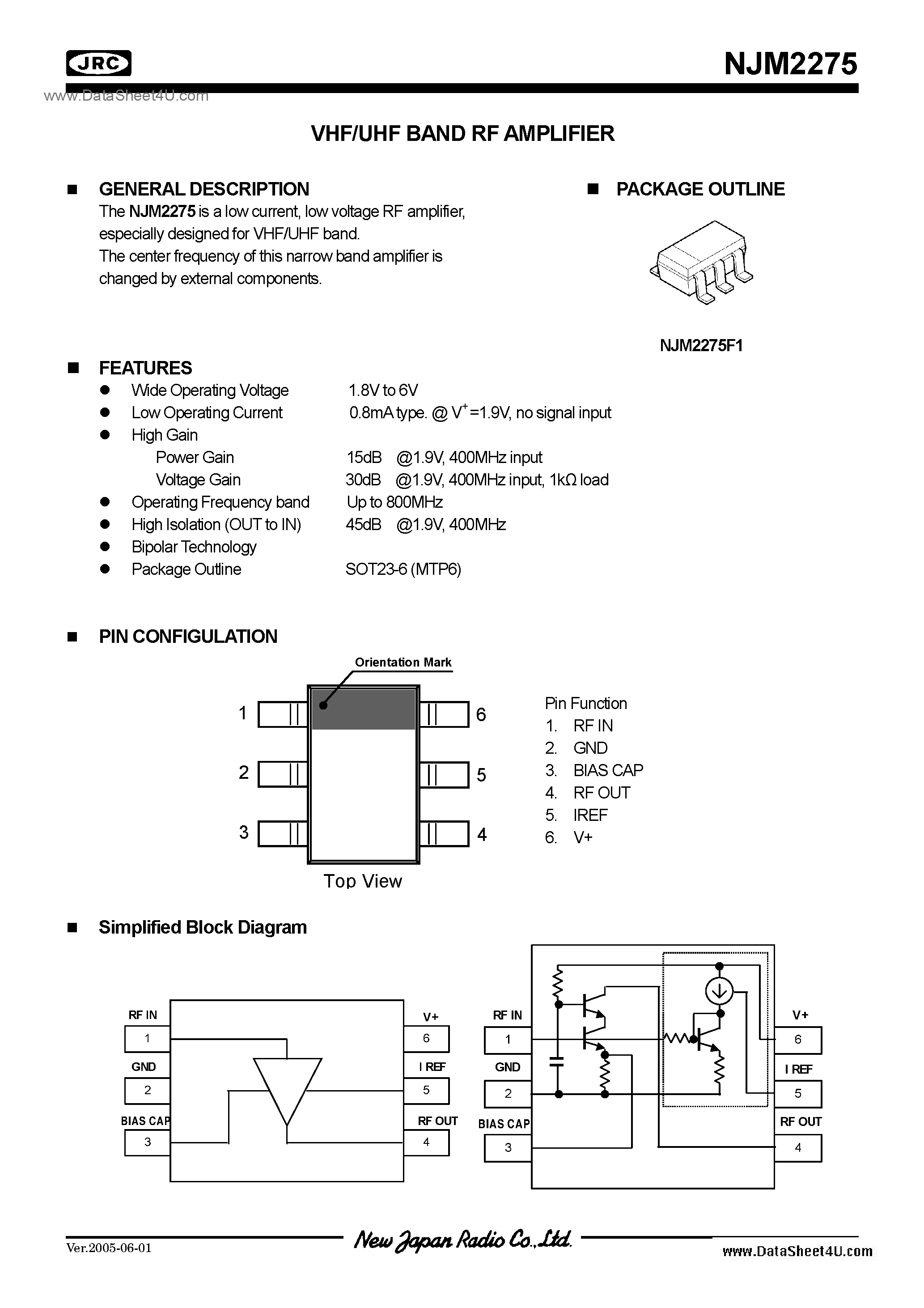 Datasheet NJM2275 - RF Amplifier / SOT-23-6(MTP6) page 1