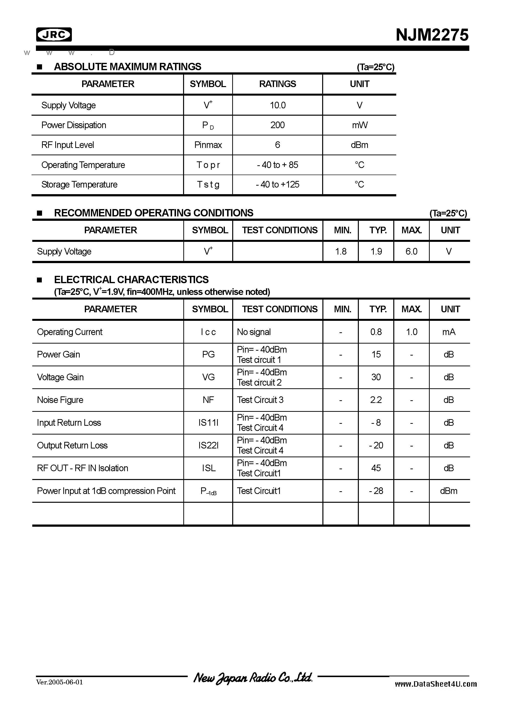 Datasheet NJM2275 - RF Amplifier / SOT-23-6(MTP6) page 2