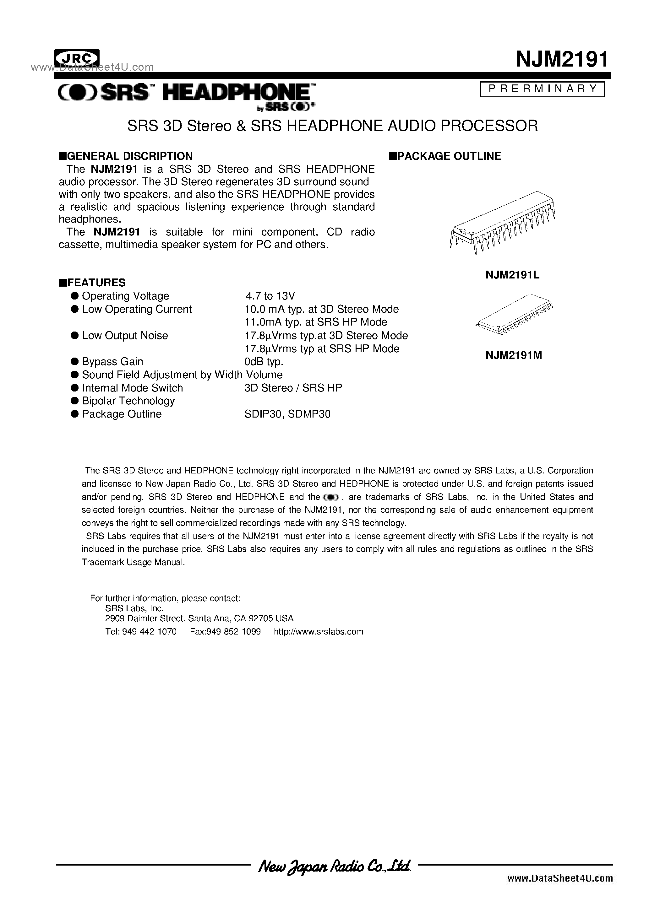 Даташит NJM2191 - SRS 3D Stereo/SRS Headphone страница 1