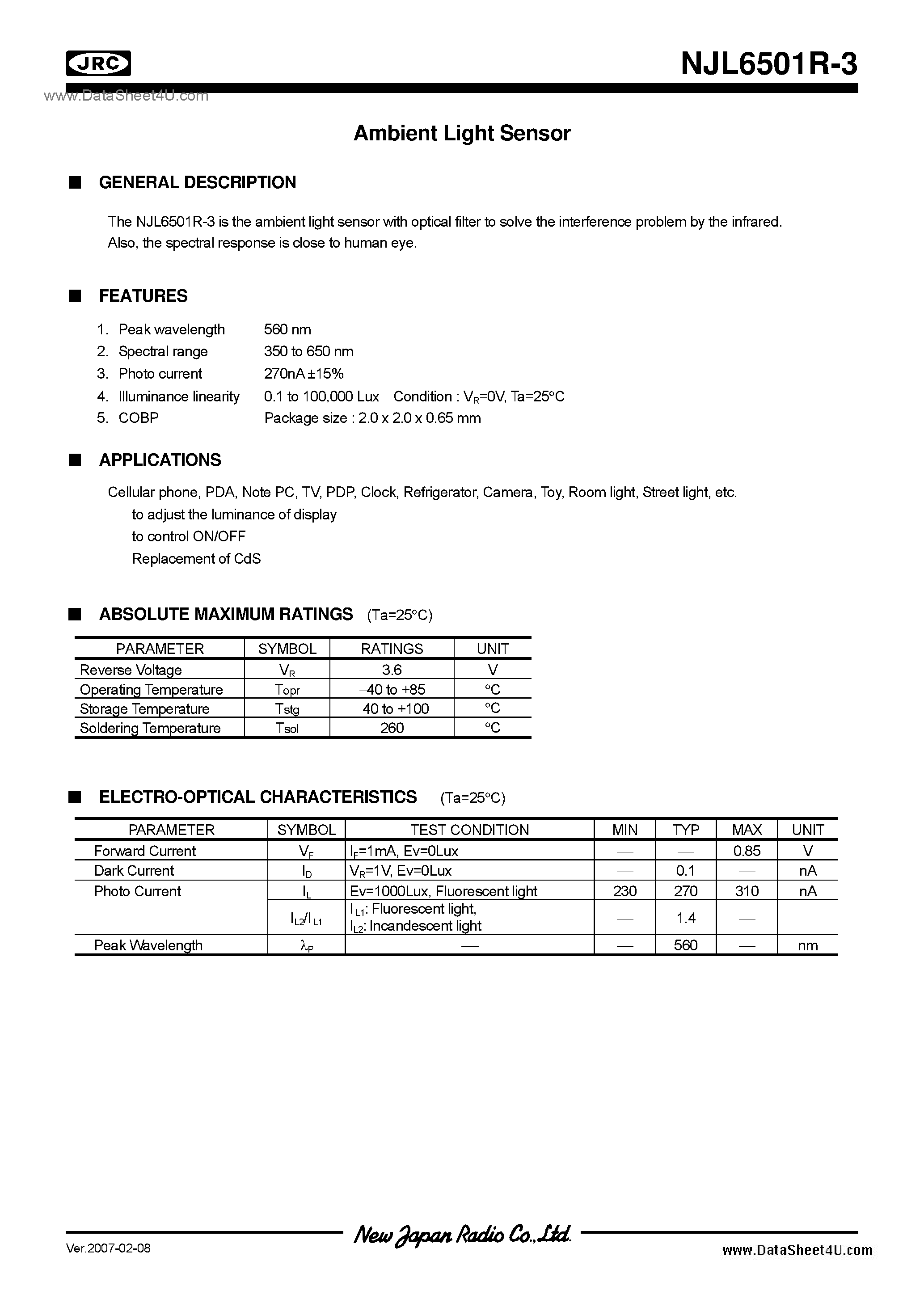 Datasheet NJL6501R-3 - Ambient Light Sensor page 1