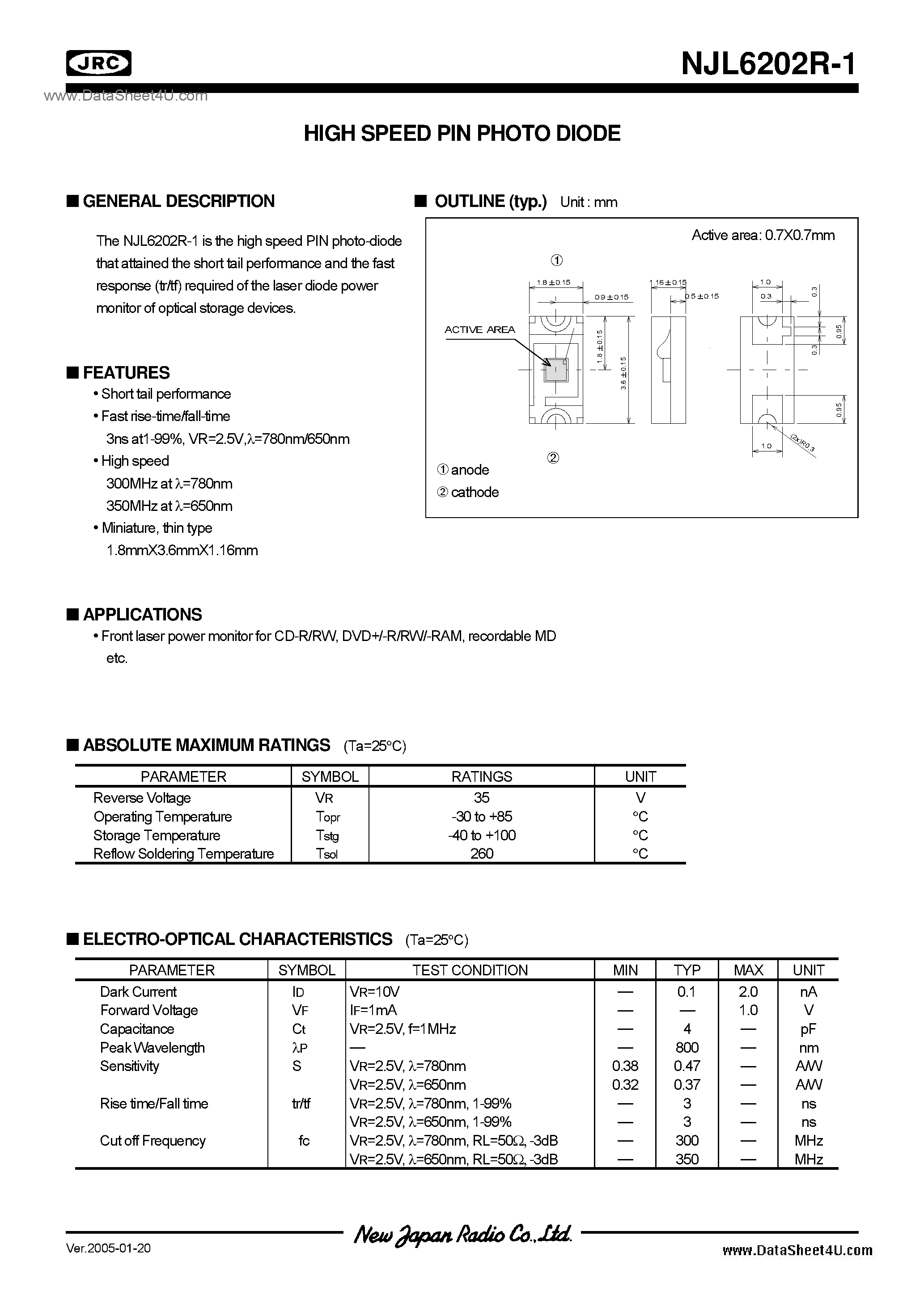 Datasheet NJL6202R-1 - Photo Diode page 1