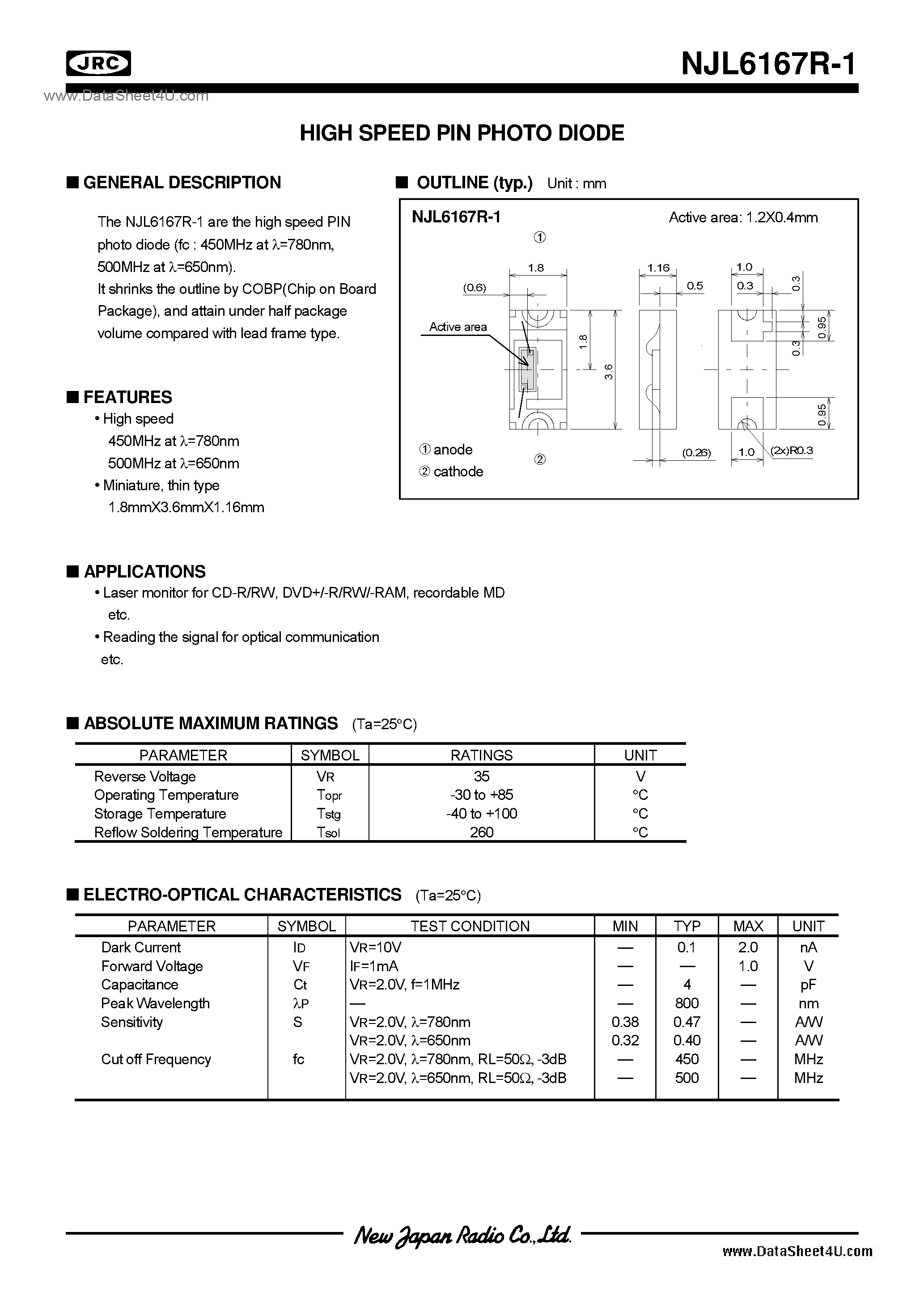 Datasheet NJL6167R-1 - Photo Diode page 1