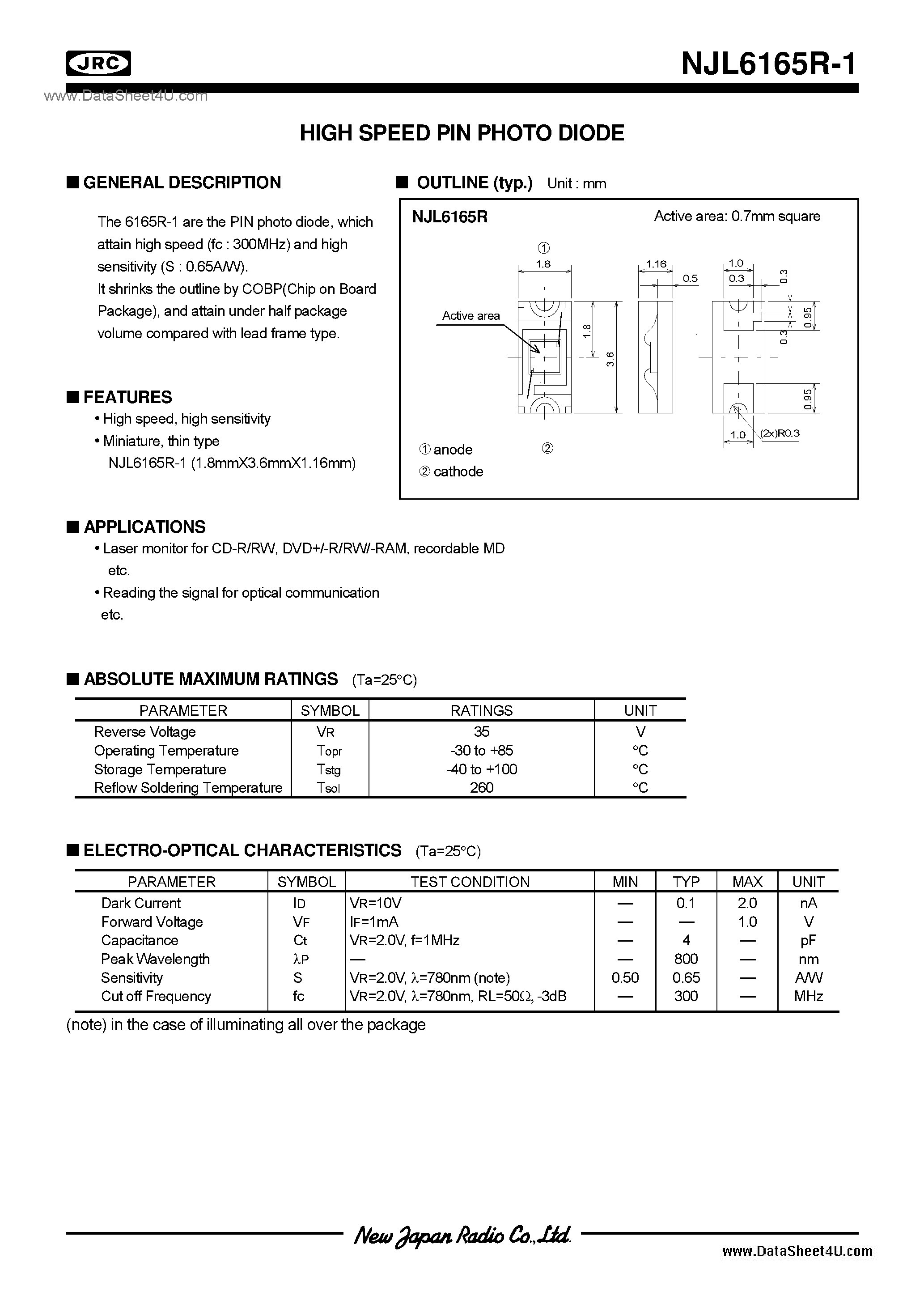 Datasheet NJL6165R-1 page 1 Datasheet NJL6165R-1 - Photo Diode page 1