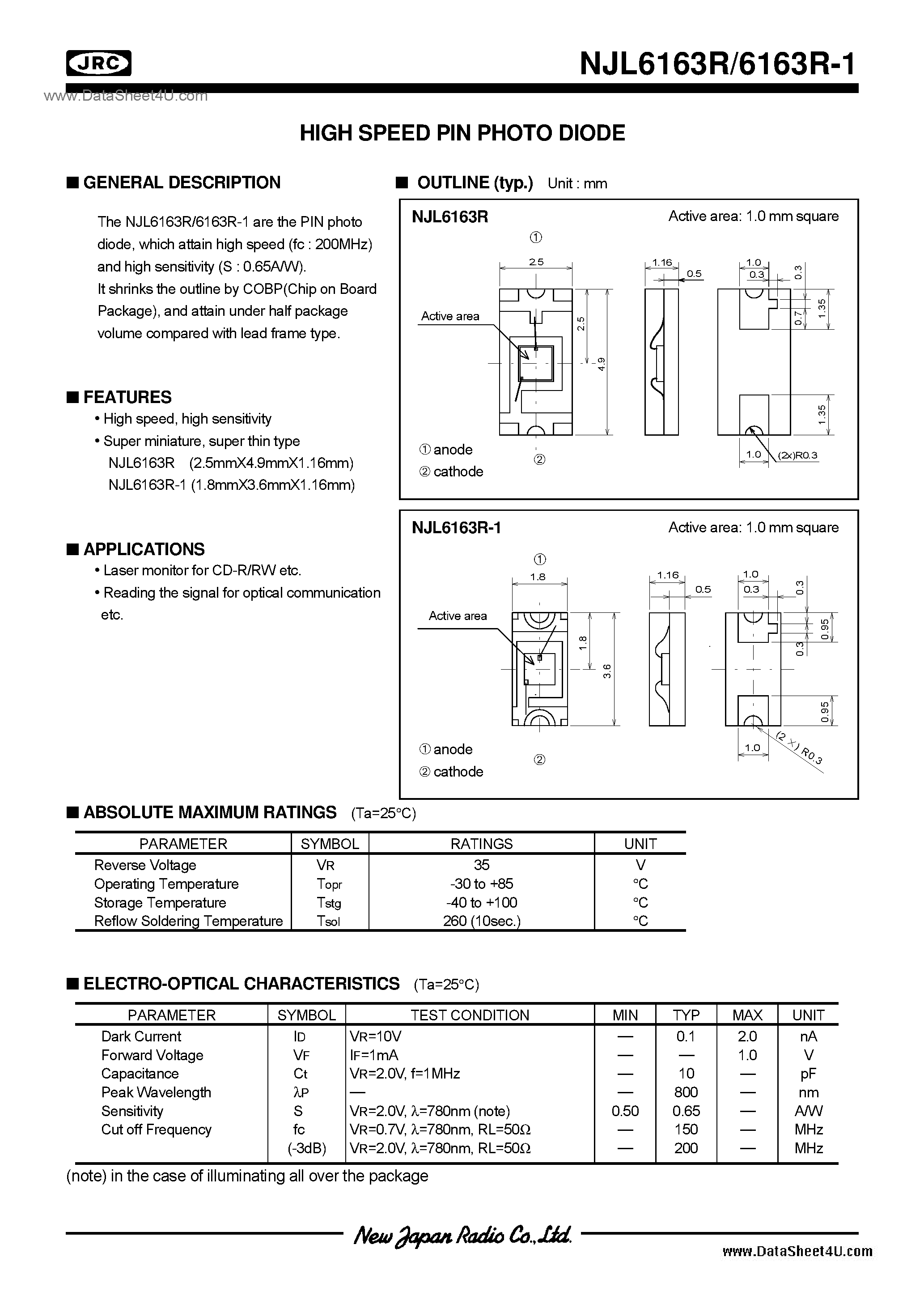 Datasheet NJL6163R-1 - Photo Diode page 1