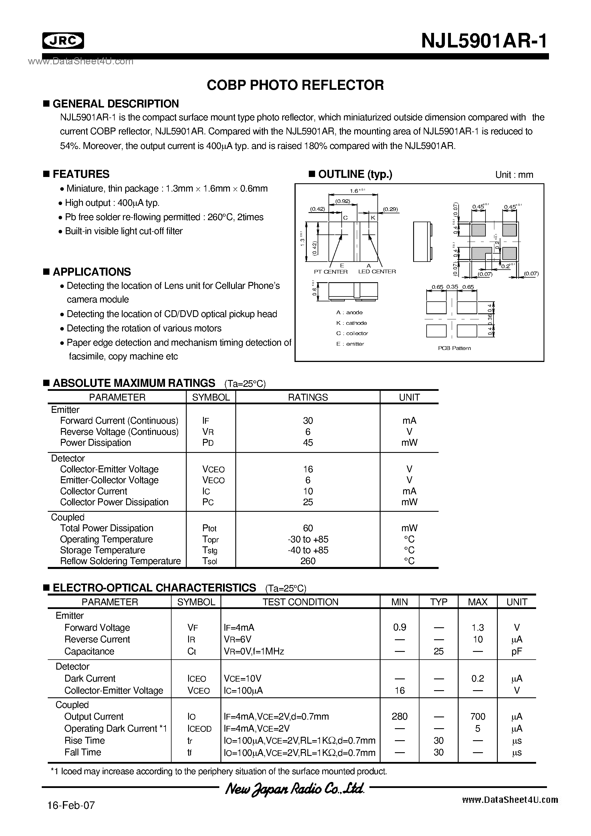 Datasheet NJL5901AR-1 page 1 Datasheet NJL5901AR-1 - Small Package Type Transistor Output page 1