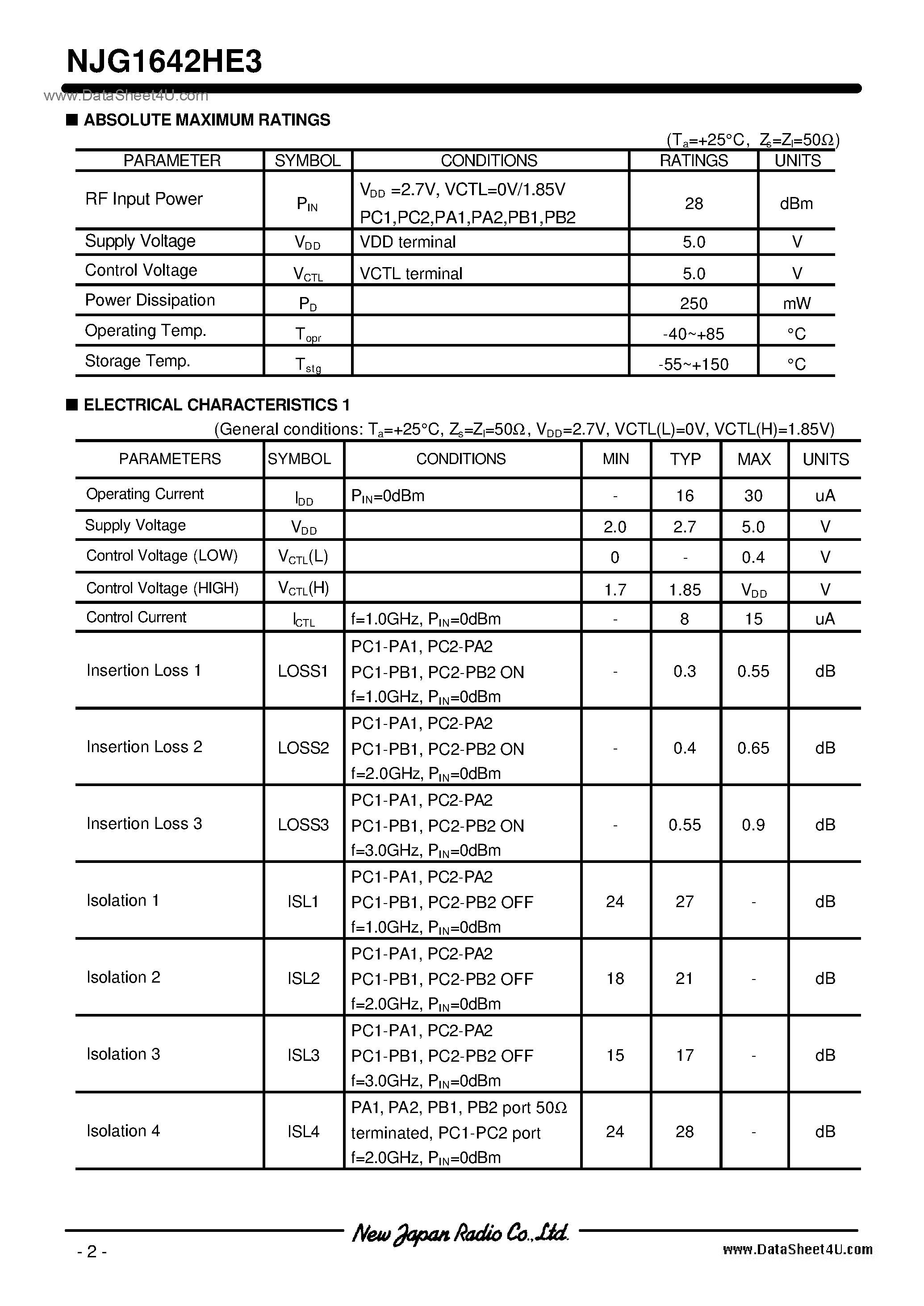 Datasheet NJG1642HE3 - X SPDT SWITCH GaAs MMIC / USB12-E3 page 2