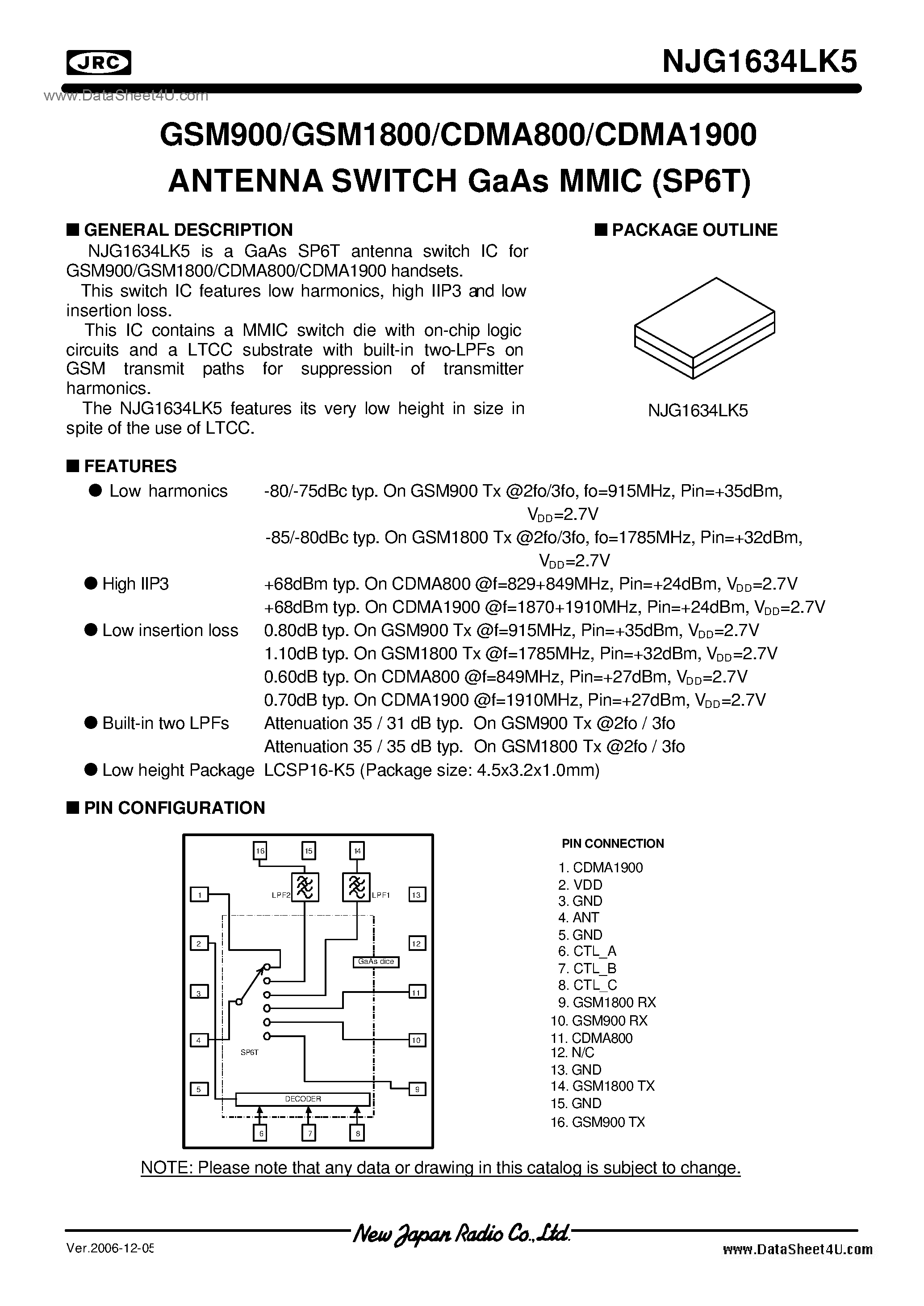 Datasheet NJG1634LK5 - SP6T ANTENNA SWITCH GaAs MMIC / LCSP16-K5 page 1