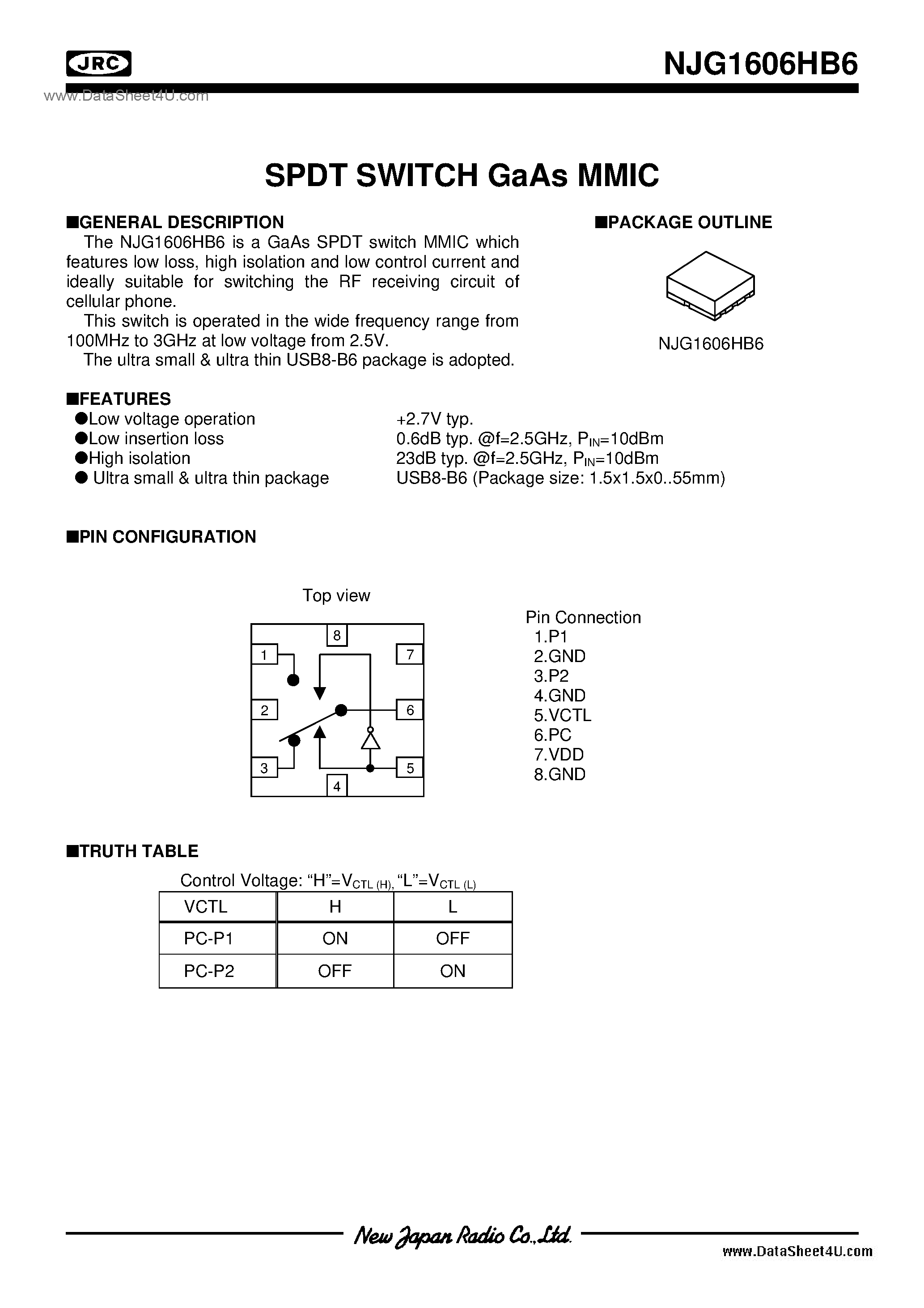 Datasheet NJG1606HB6 page 1 Datasheet NJG1606HB6 - SPDT SWITCH GaAs MMIC / USB8-B6 page 1