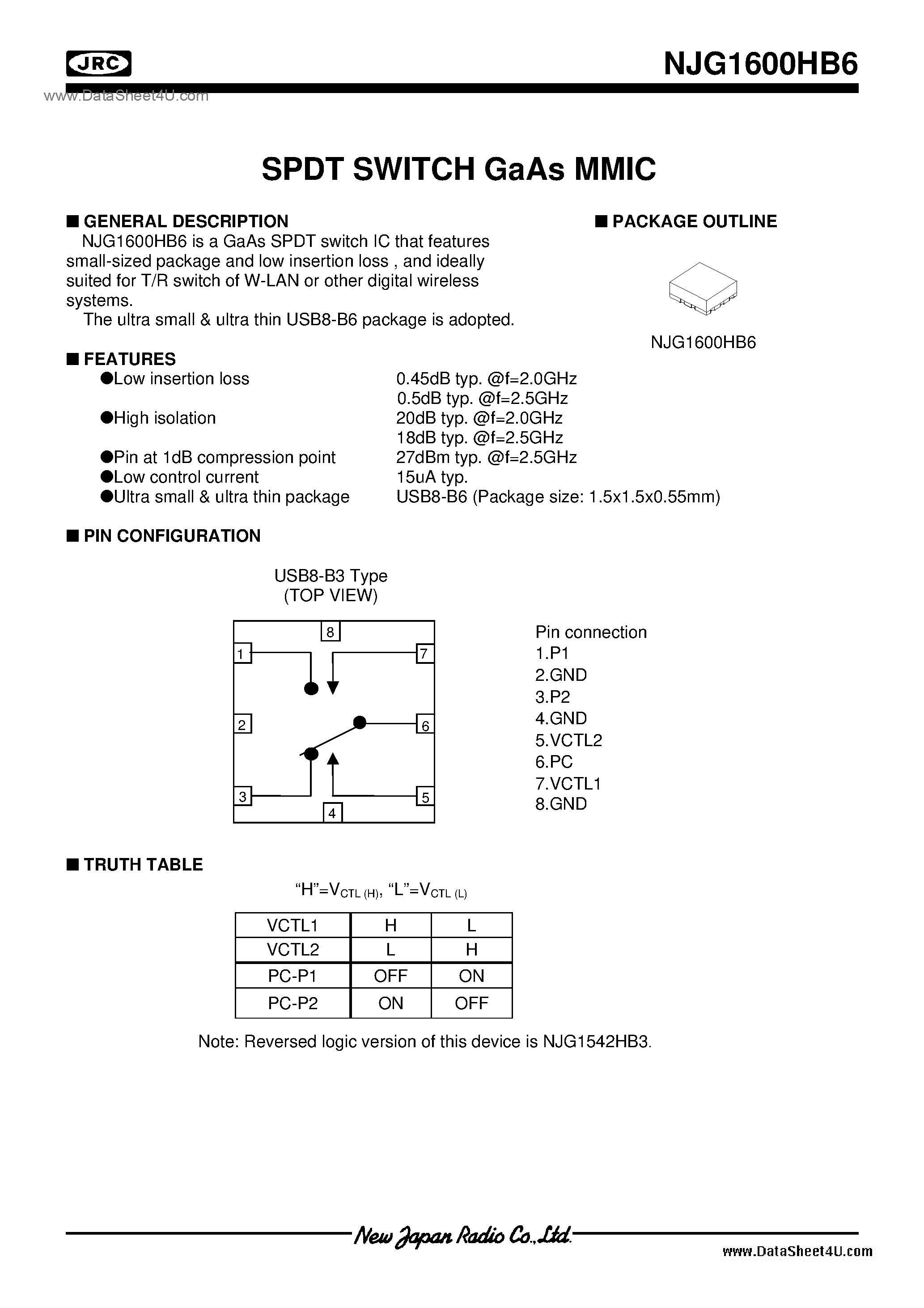 Datasheet NJG1600HB6 page 1 Datasheet NJG1600HB6 - SPDT SWITCH GaAs MMIC / USB8-B6 page 1