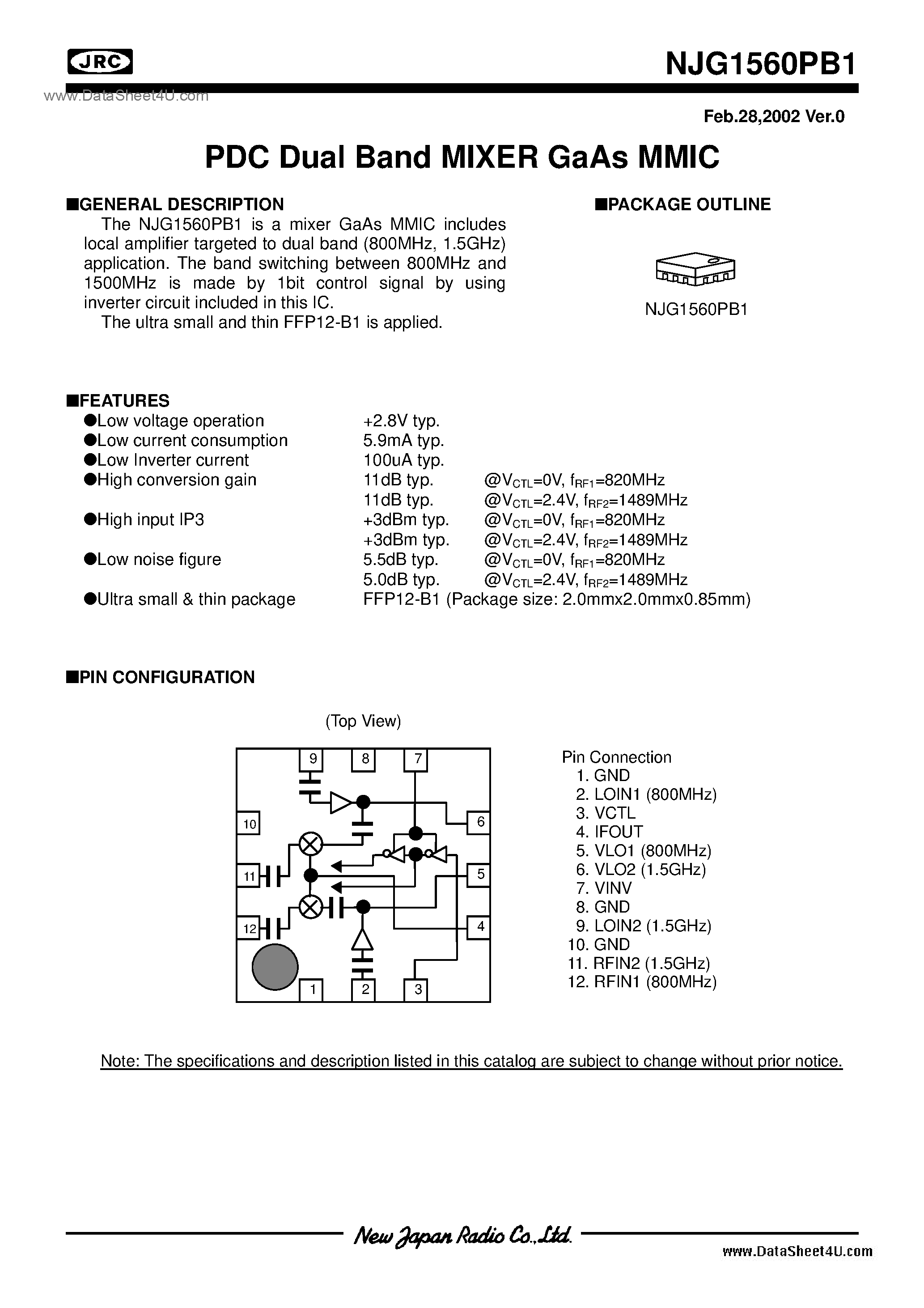 Datasheet NJG1560PB1 - Dual MIXER / FFP12-B1 page 1