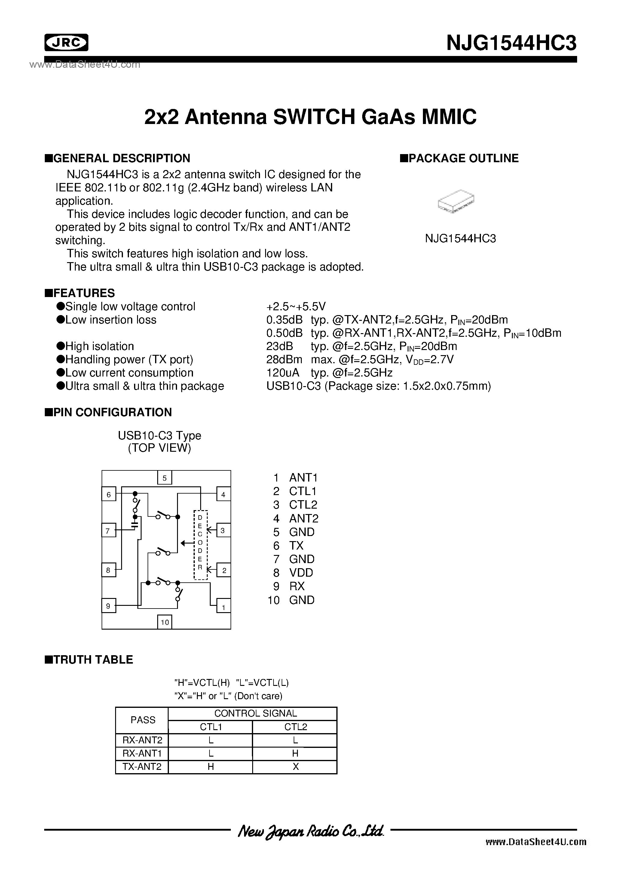 Datasheet NJG1544HC3 page 1 Datasheet NJG1544HC3 - 2x2 Antenna SWITCH GaAs MMIC / USB10-C3 page 1
