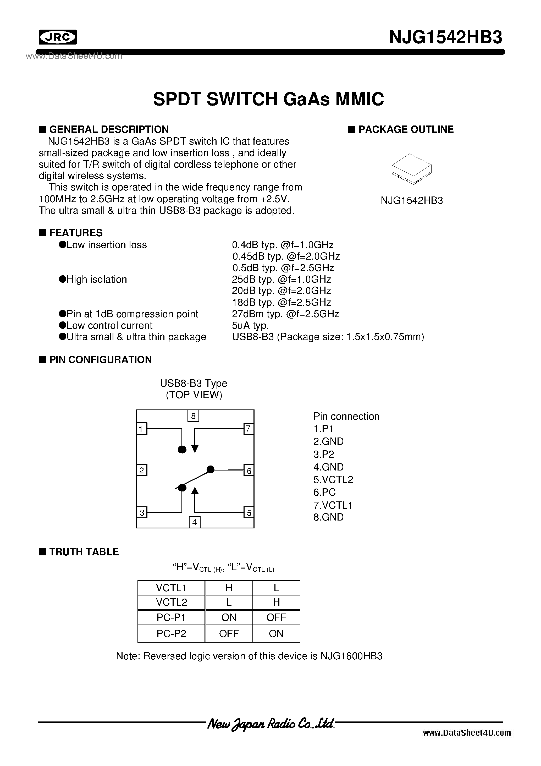 Datasheet NJG1542HB3 page 1 Datasheet NJG1542HB3 - SPDT SWITCH GaAs MMIC / USB8-B3 page 1