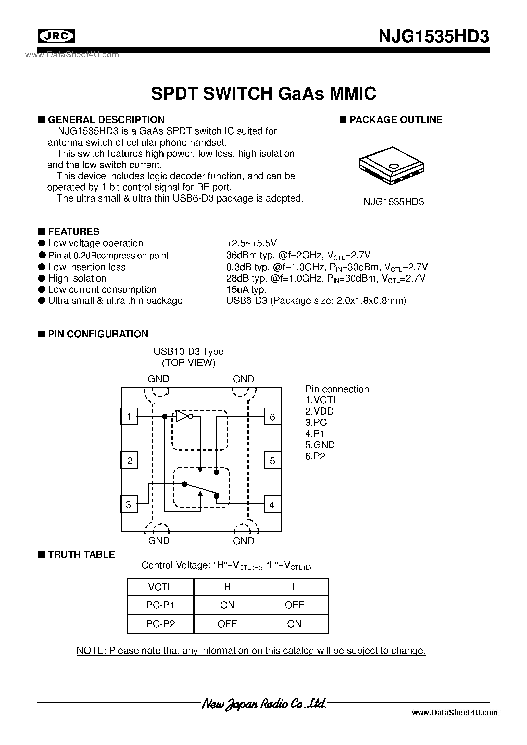 Datasheet NJG1535HD3 page 1 Datasheet NJG1535HD3 - SPDT SWITCH GaAs MMIC / USB6-D3 page 1