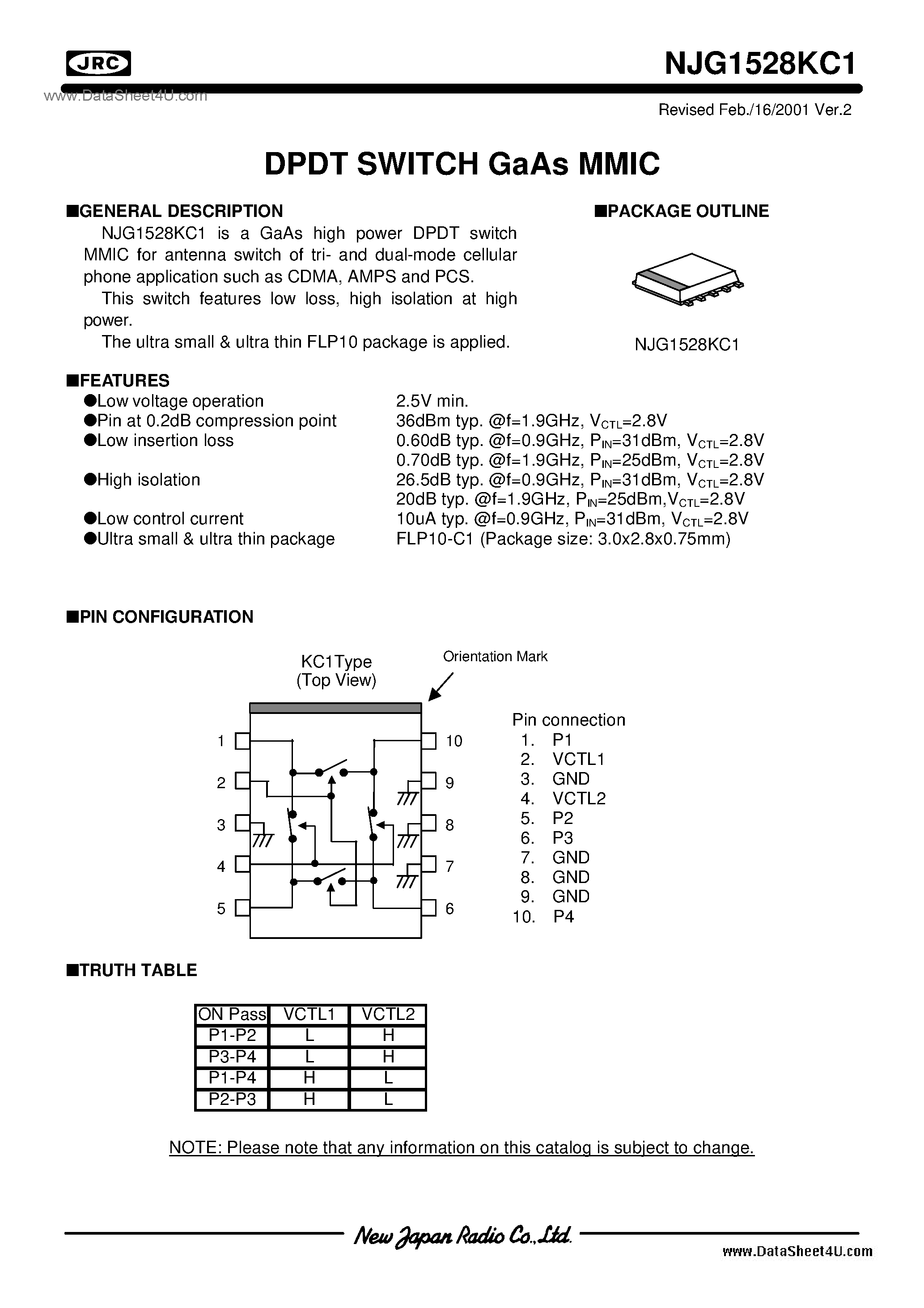 Datasheet NJG1528KC1 page 1 Datasheet NJG1528KC1 - DPDT SWITCH GaAs MMIC / FLP10-C1 page 1