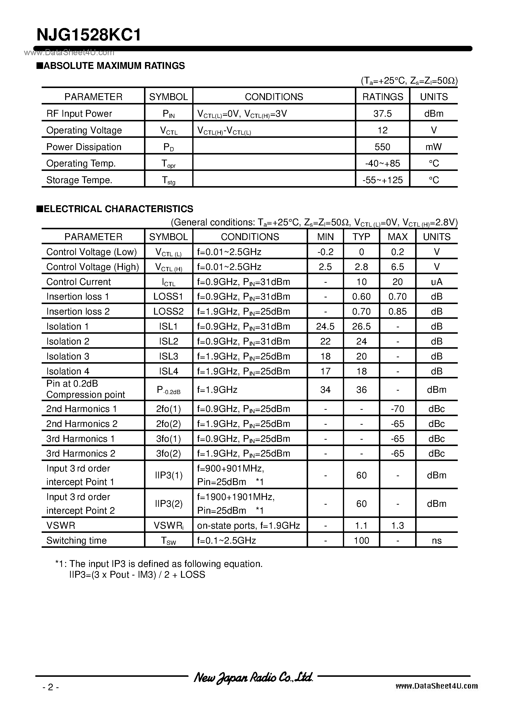 Datasheet NJG1528KC1 page 2 Datasheet NJG1528KC1 - DPDT SWITCH GaAs MMIC / FLP10-C1 page 2