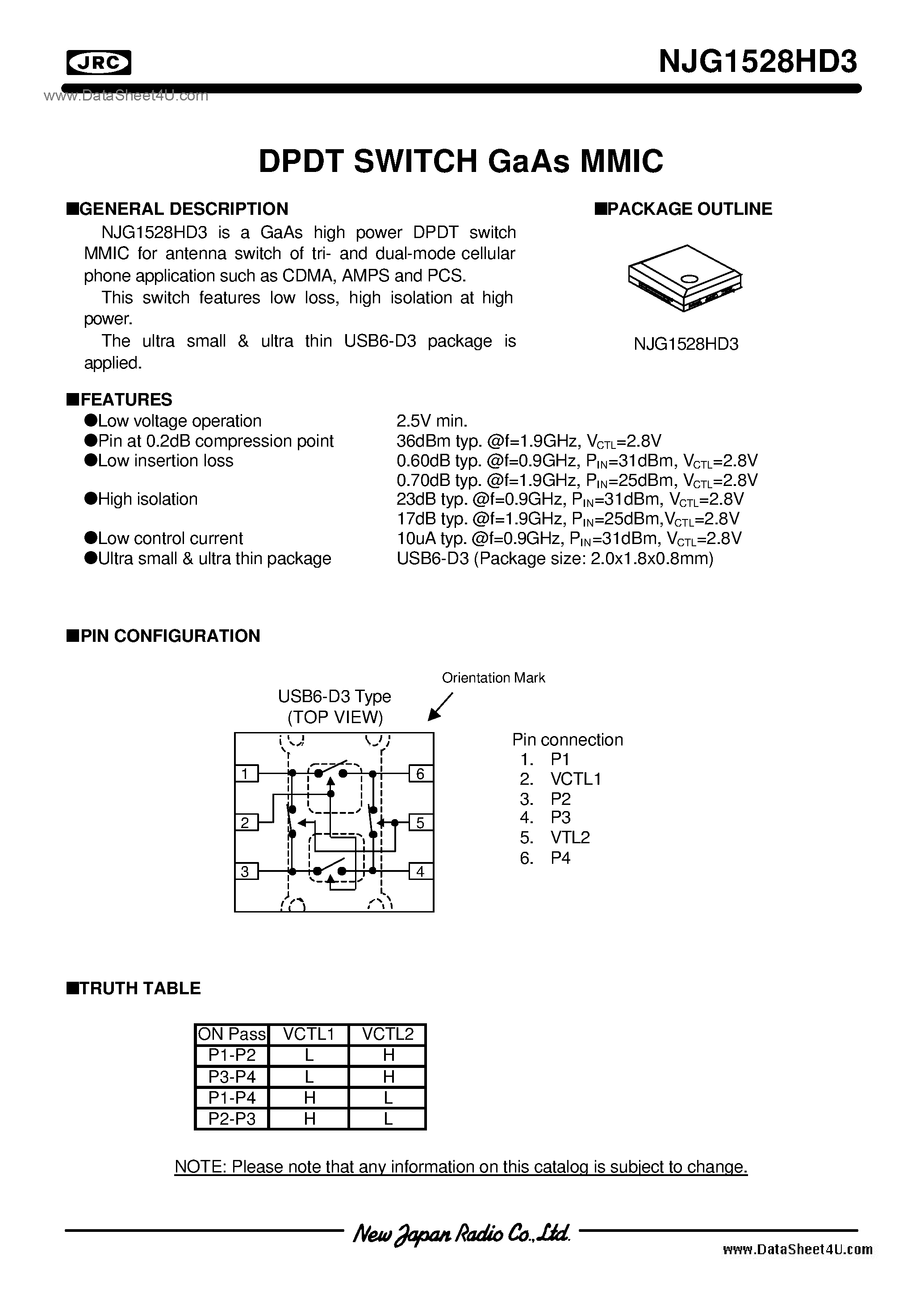 Datasheet NJG1528HD3 page 1 Datasheet NJG1528HD3 - DPDT SWITCH GaAs MMIC / USB6-D3 page 1