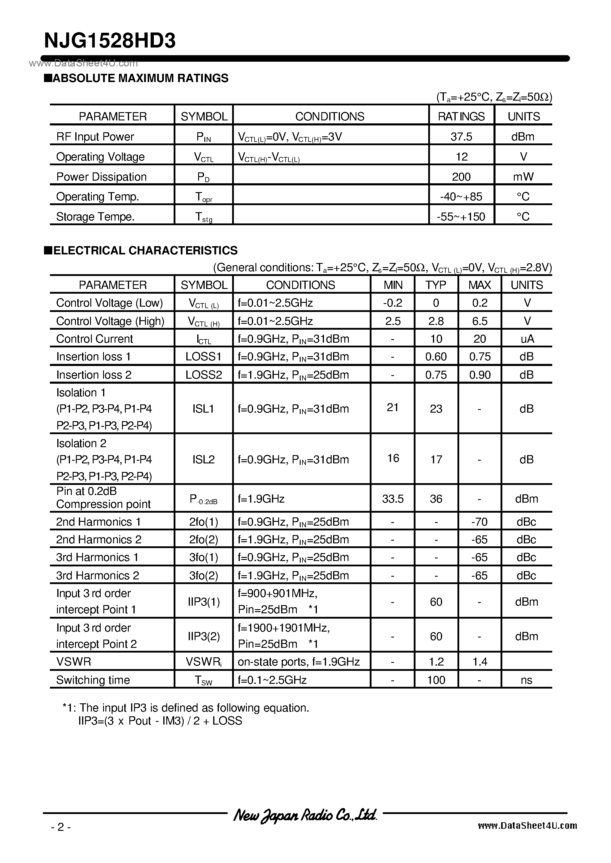 Datasheet NJG1528HD3 page 2 Datasheet NJG1528HD3 - DPDT SWITCH GaAs MMIC / USB6-D3 page 2