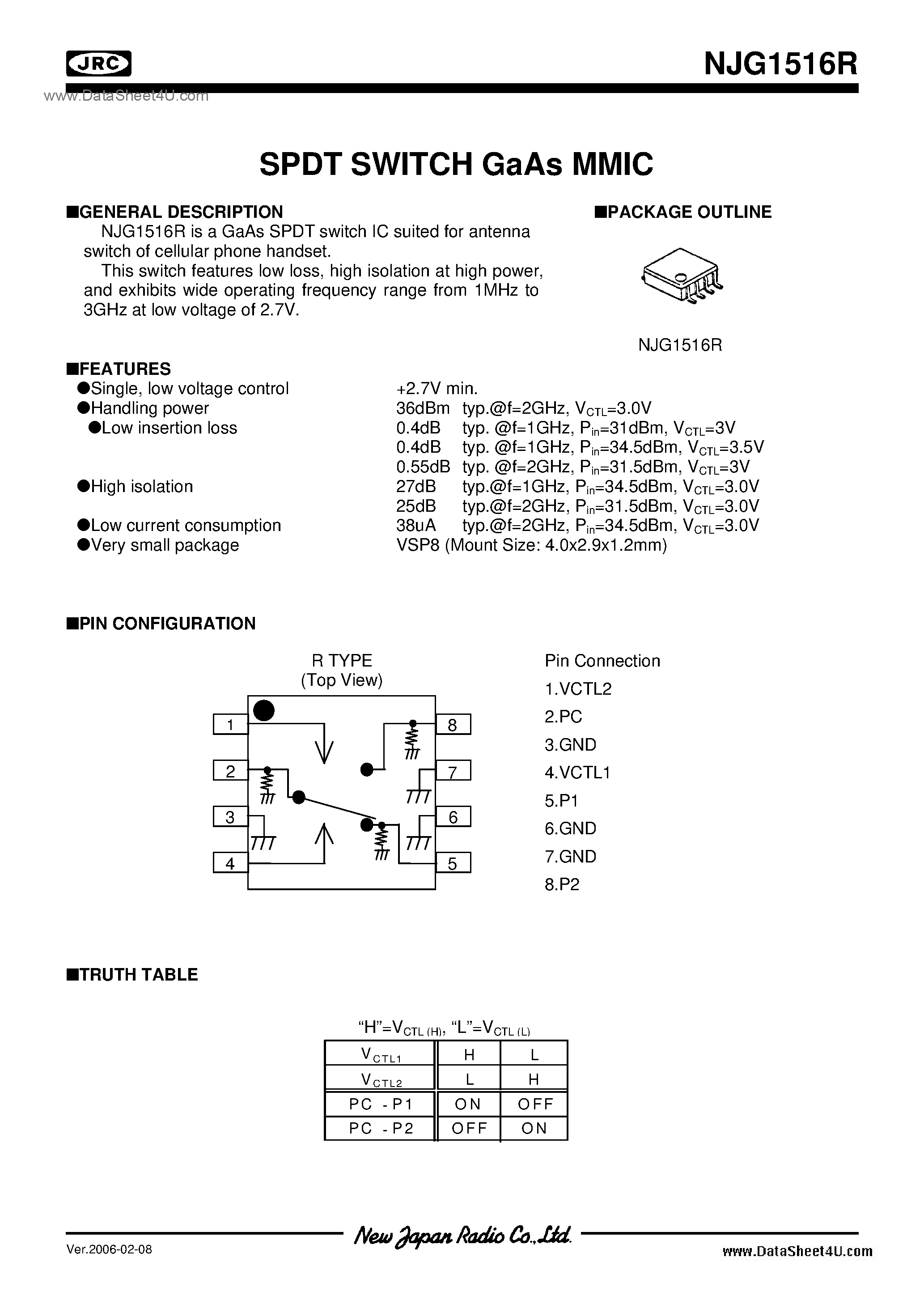 Datasheet NJG1516R page 1 Datasheet NJG1516R - SPDT SWITCH GaAs MMIC / VSP8 page 1