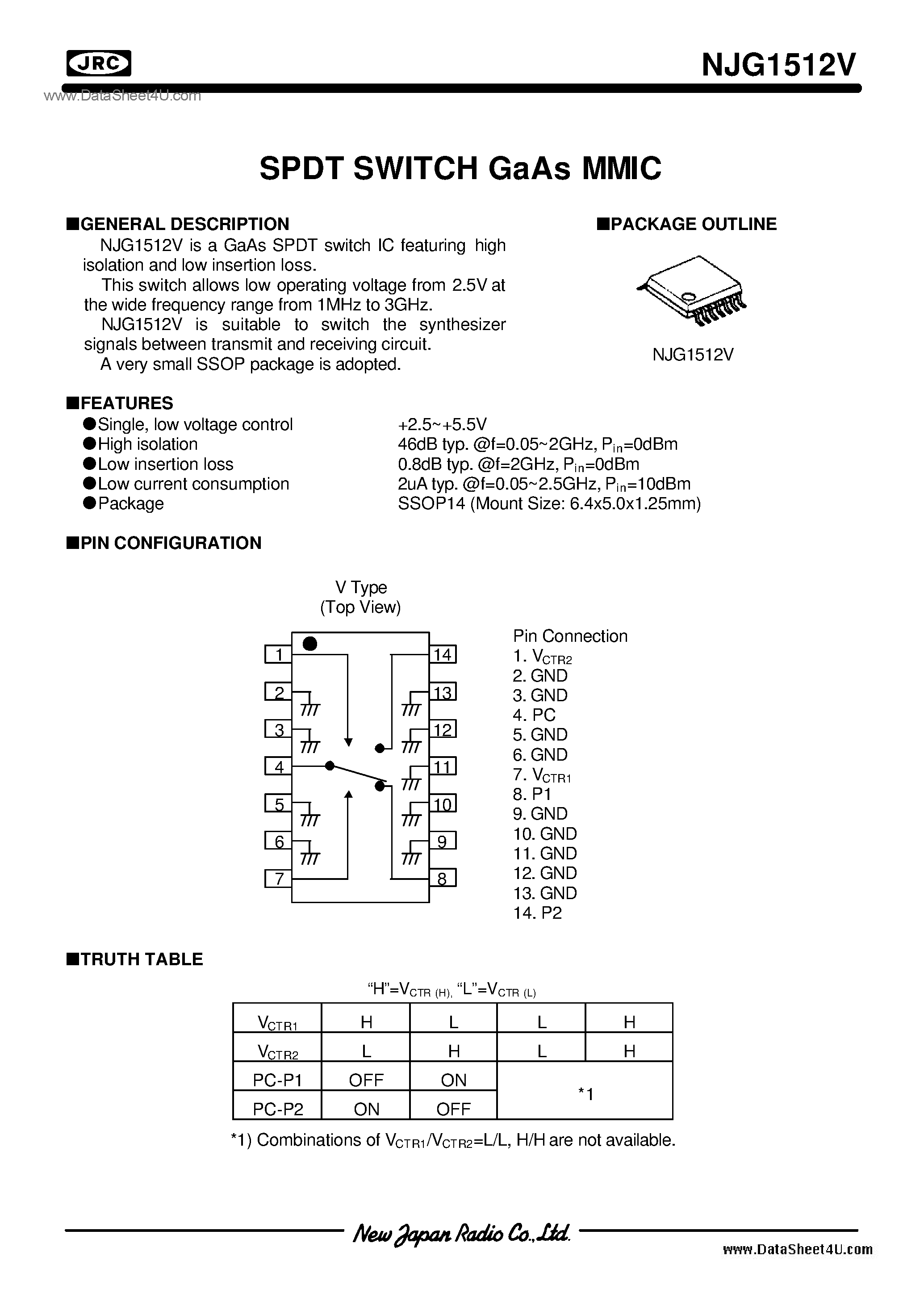Datasheet NJG1512V page 1 Datasheet NJG1512V - SPDT SWITCH GaAs MMIC / SSOP14 page 1