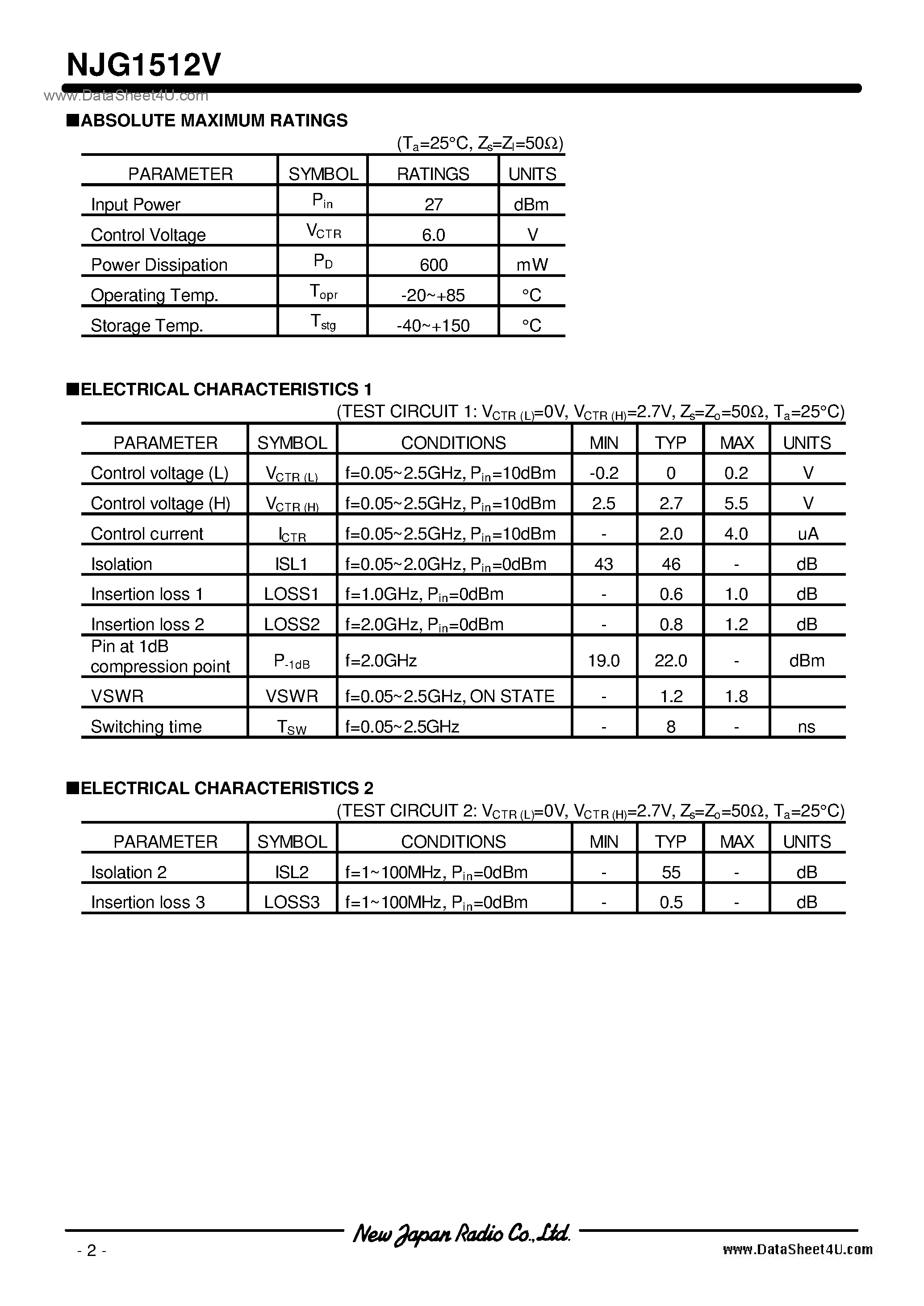Datasheet NJG1512V page 2 Datasheet NJG1512V - SPDT SWITCH GaAs MMIC / SSOP14 page 2