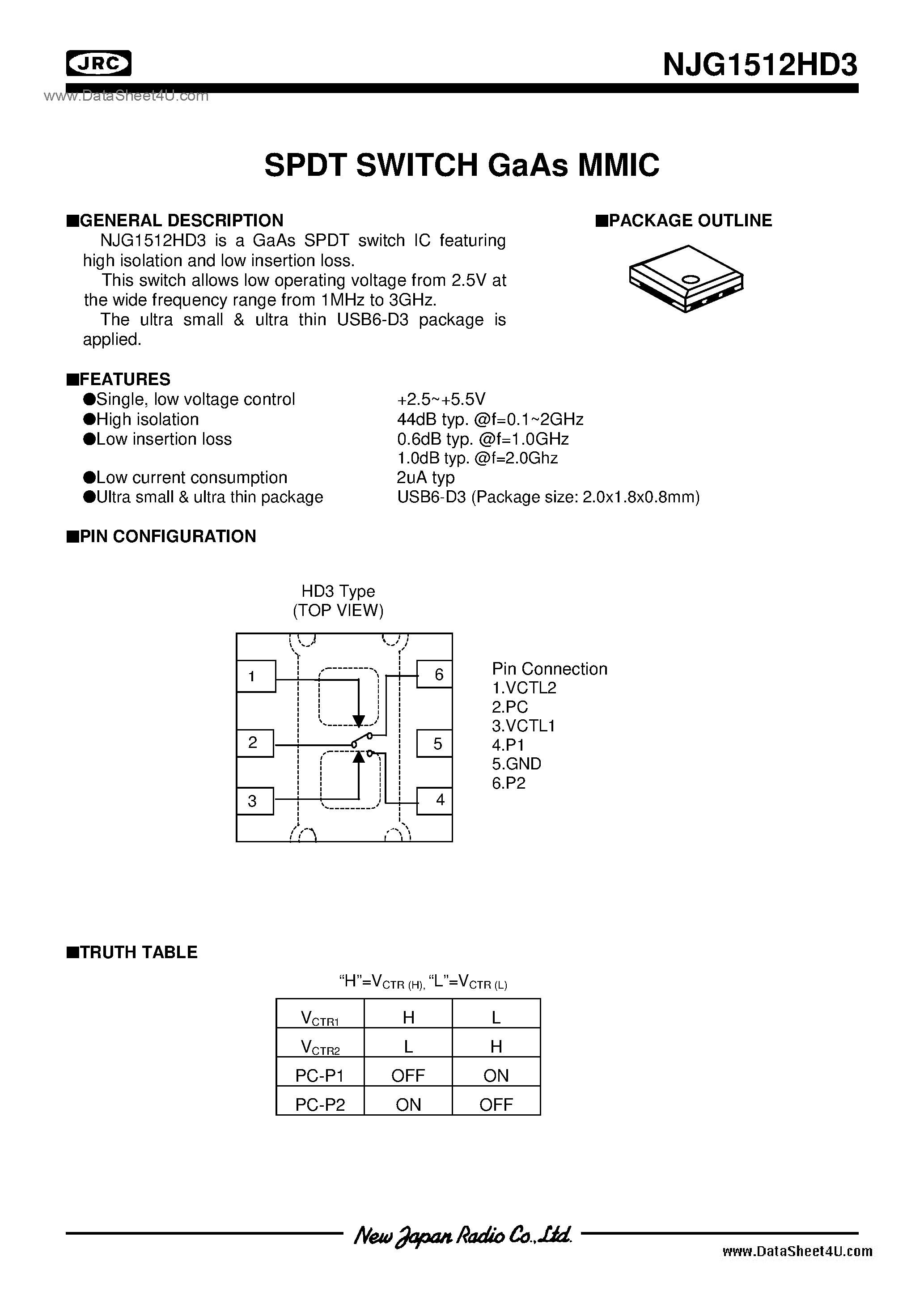 Datasheet NJG1512HD3 - SPDT SWITCH GaAs MMIC / USB6-D3 page 1