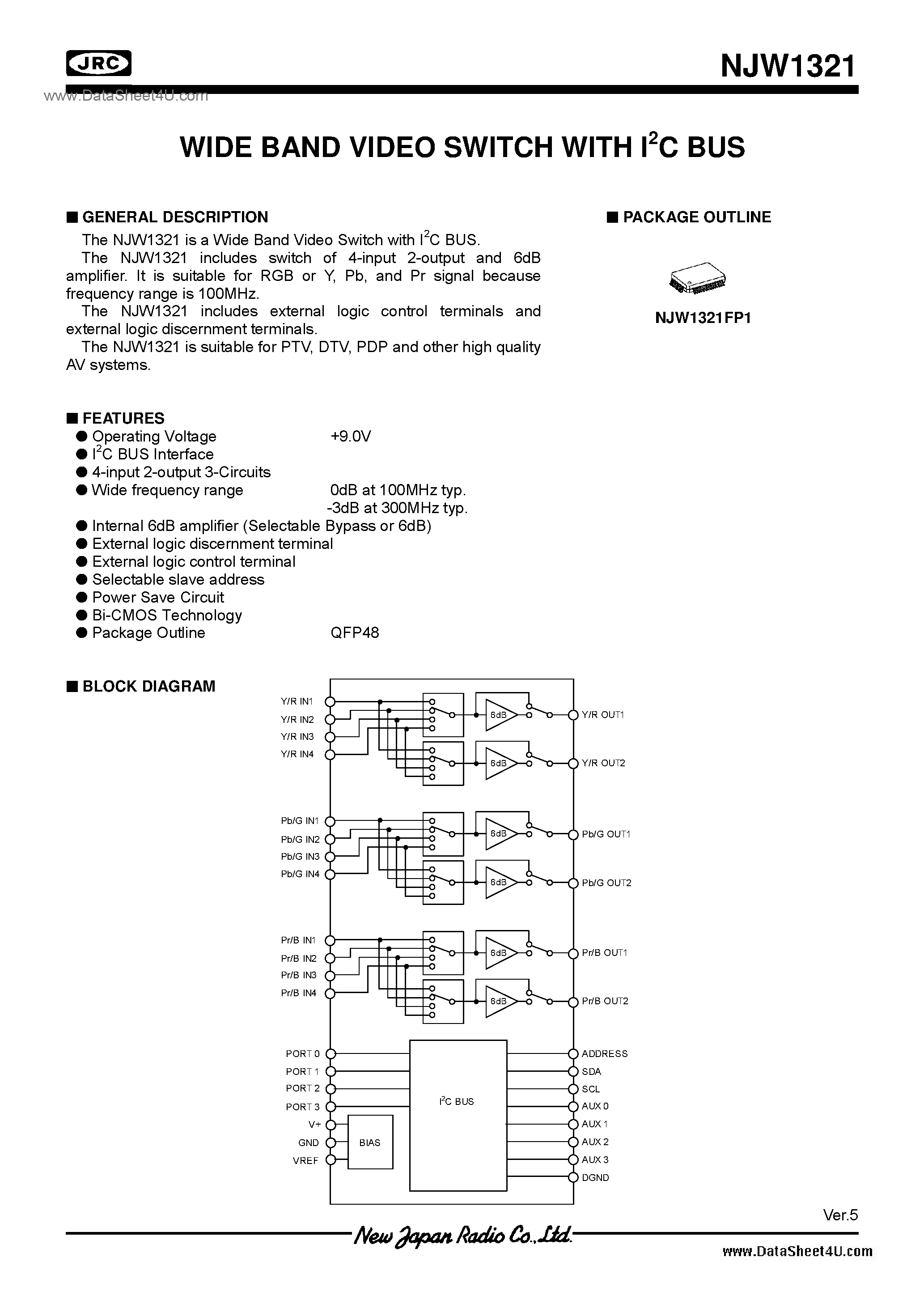 Datasheet NJW1321 page 1 Datasheet NJW1321 - Video Switch / QFP48-P1 page 1