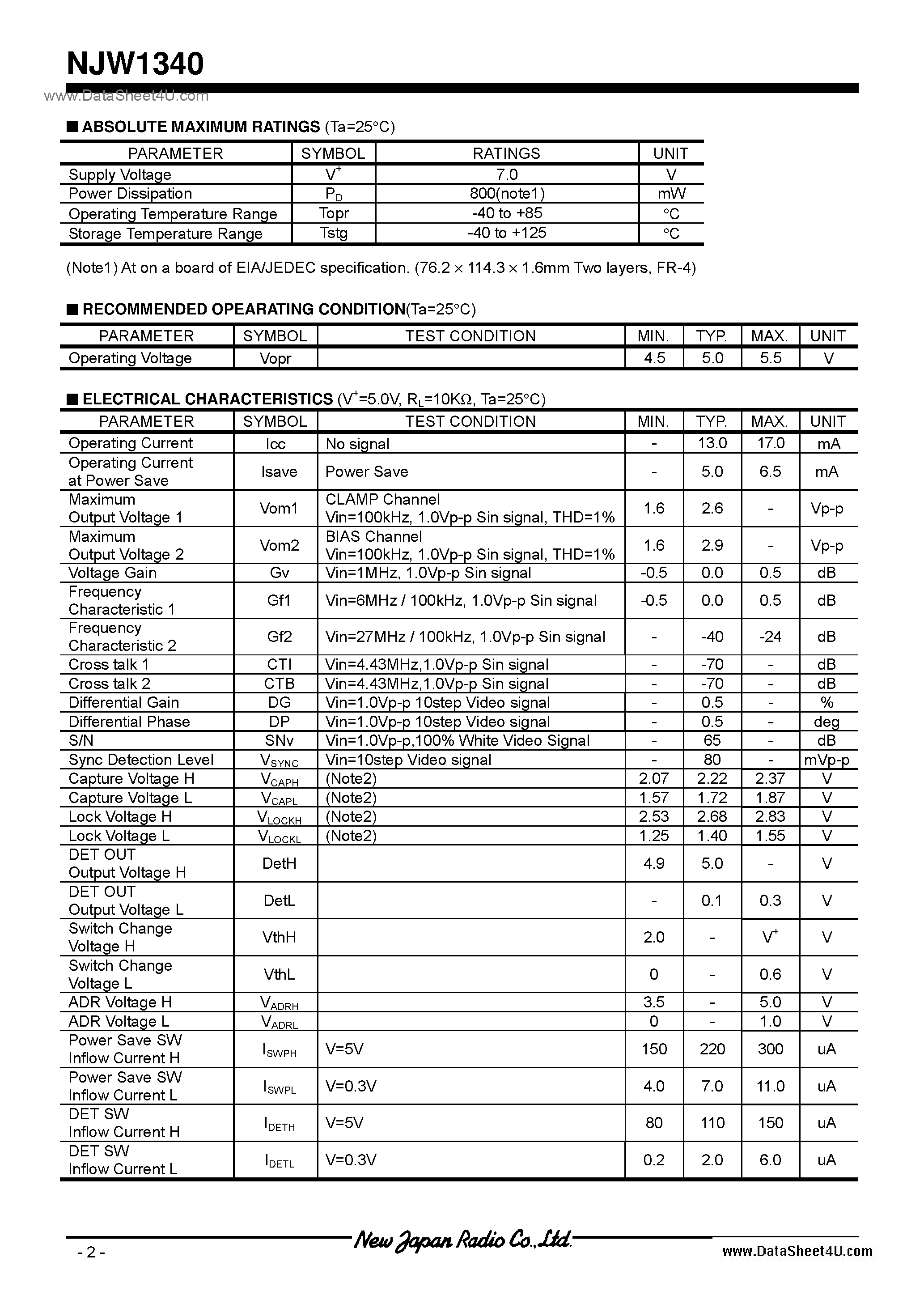 Datasheet NJW1340 - Video Switch / SSOP32 page 2