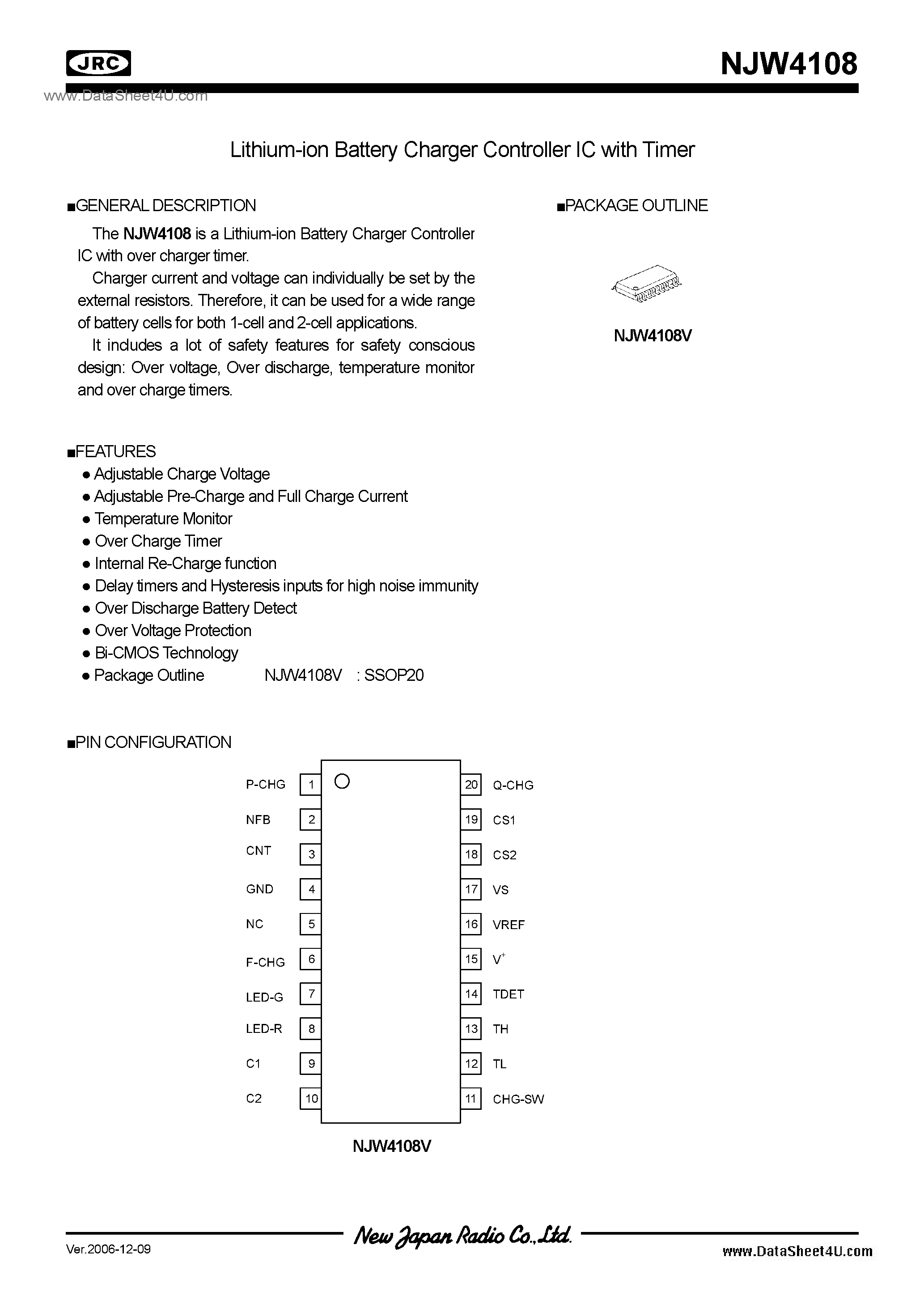 Datasheet NJW4108 page 1 Datasheet NJW4108 - Lithium-ion Battery Charger Controller with Timer / SSOP20 page 1