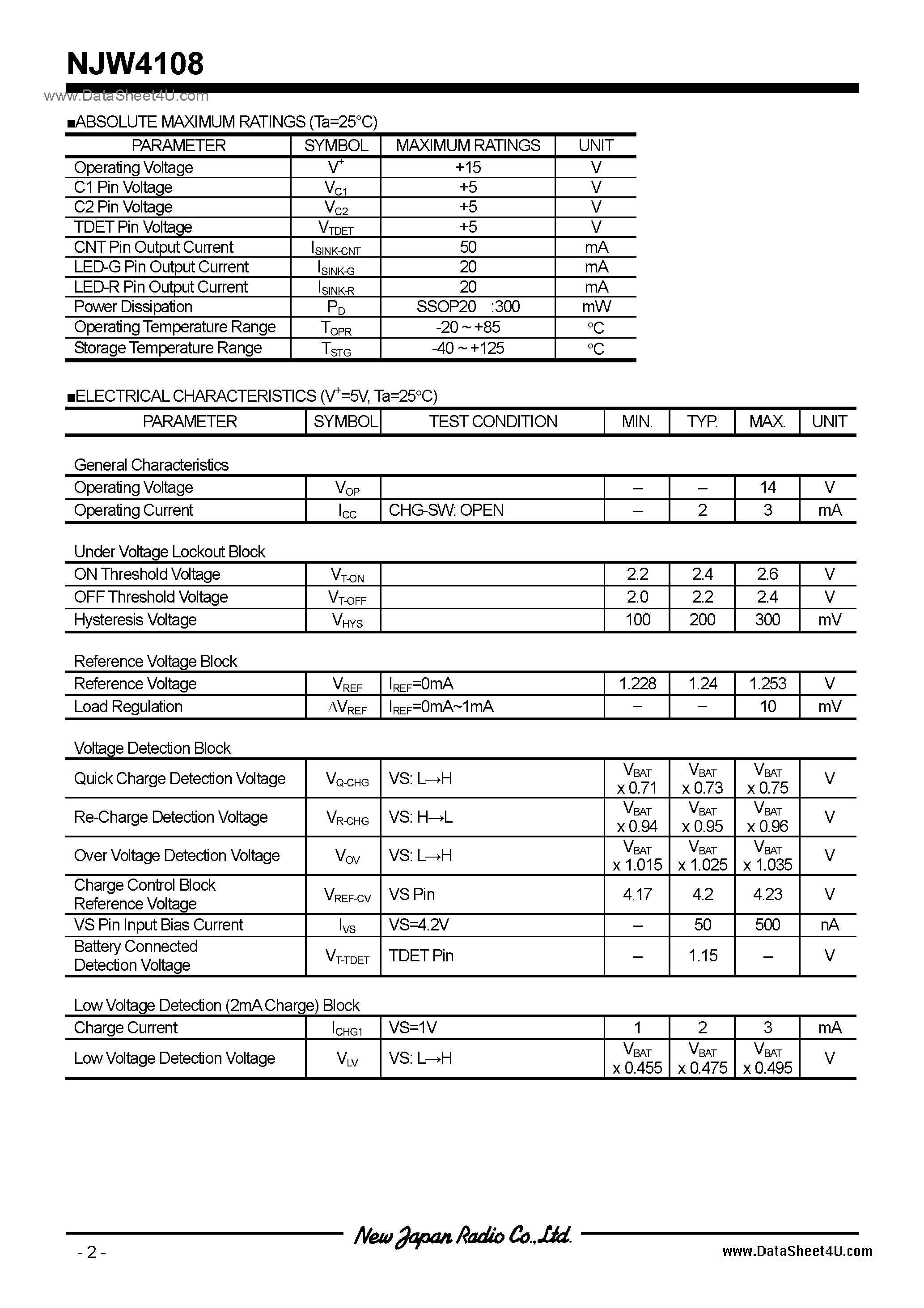 Datasheet NJW4108 page 2 Datasheet NJW4108 - Lithium-ion Battery Charger Controller with Timer / SSOP20 page 2