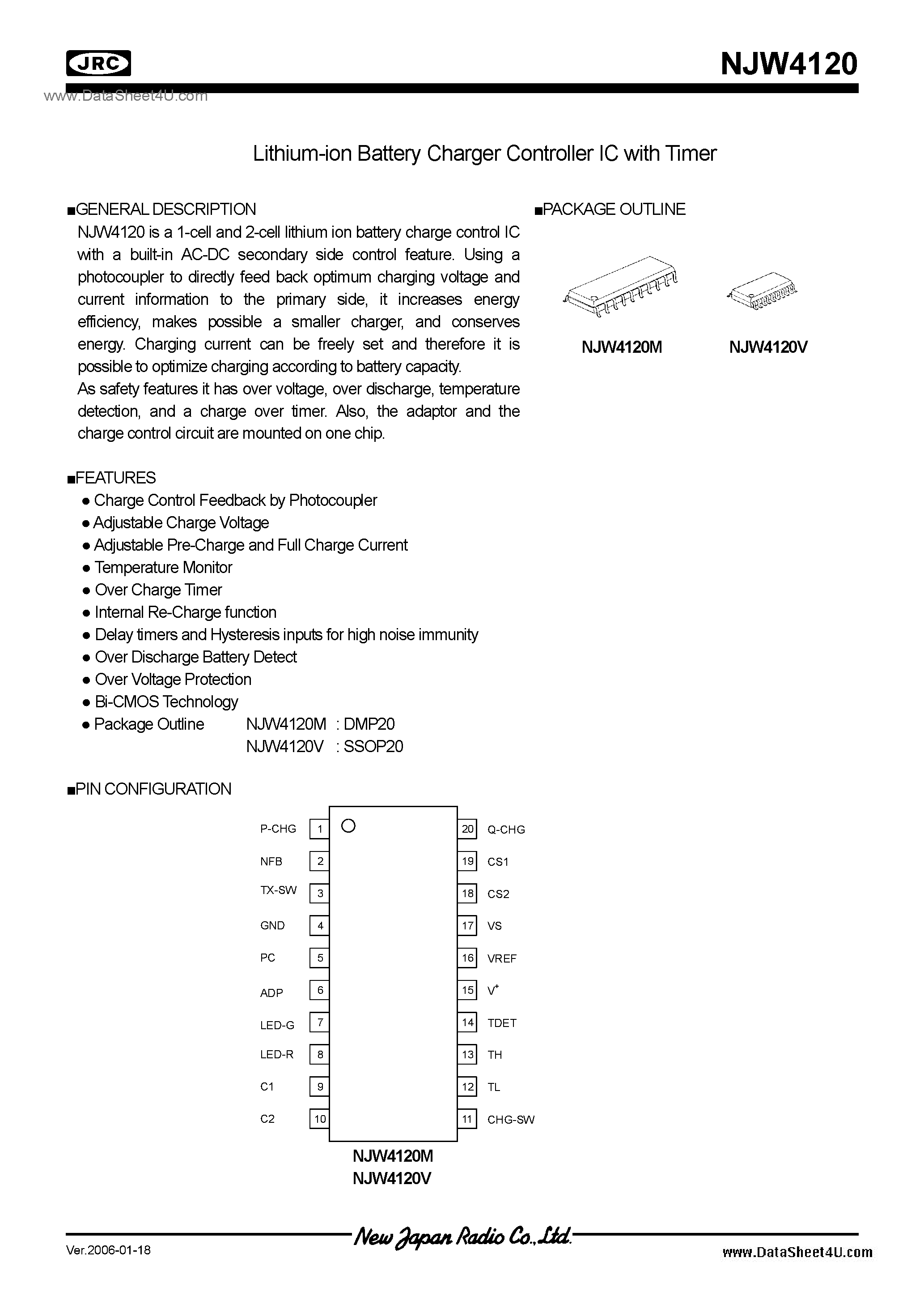 Datasheet NJW4120 - Lithium-Battery Charger Controller IC with Timer / DMP20 / SSOP20 page 1