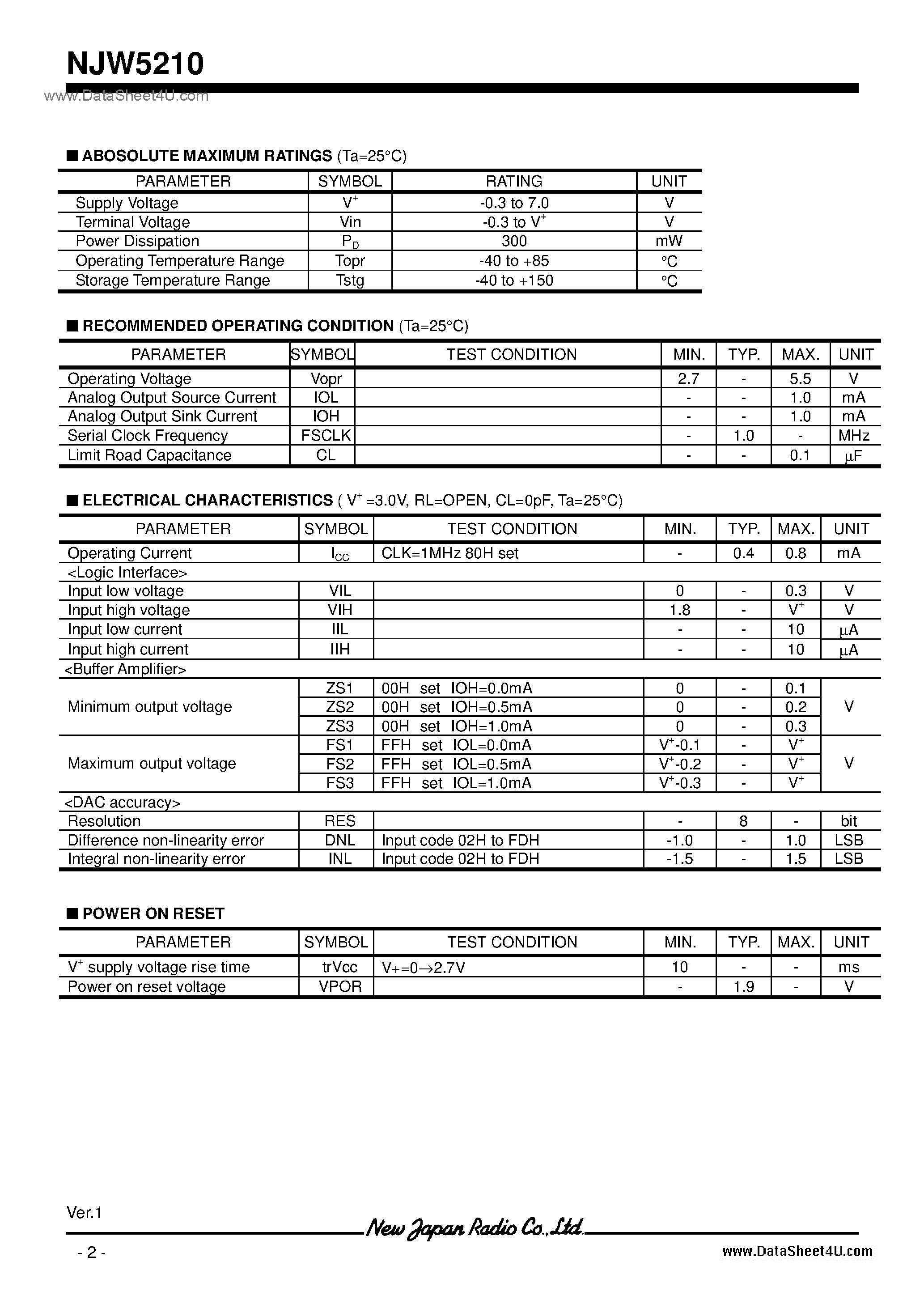 Datasheet NJW5210 - 2.7V-5.5V / TVSP8 page 2