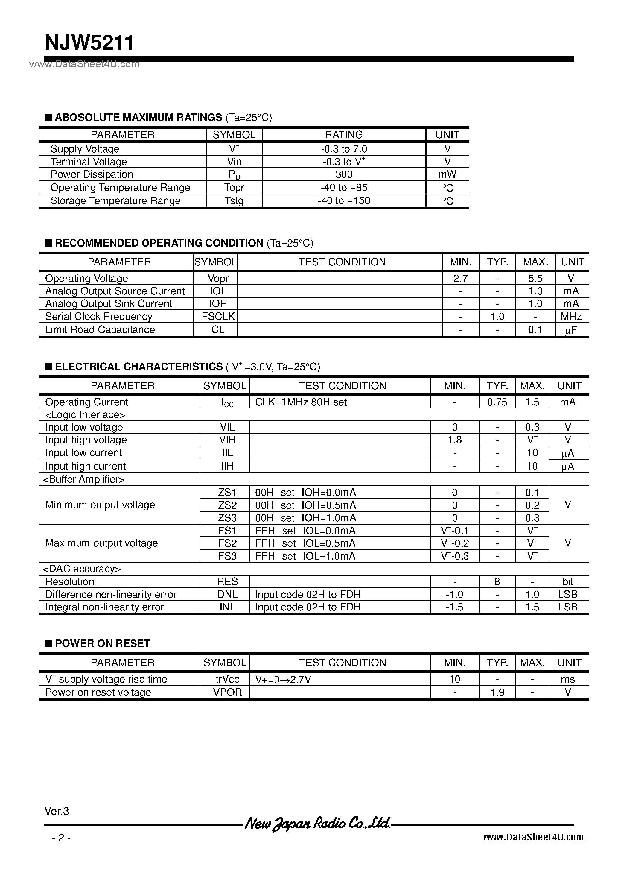 Datasheet NJW5211 - 2.7V-5.5V / SSOP14 page 2