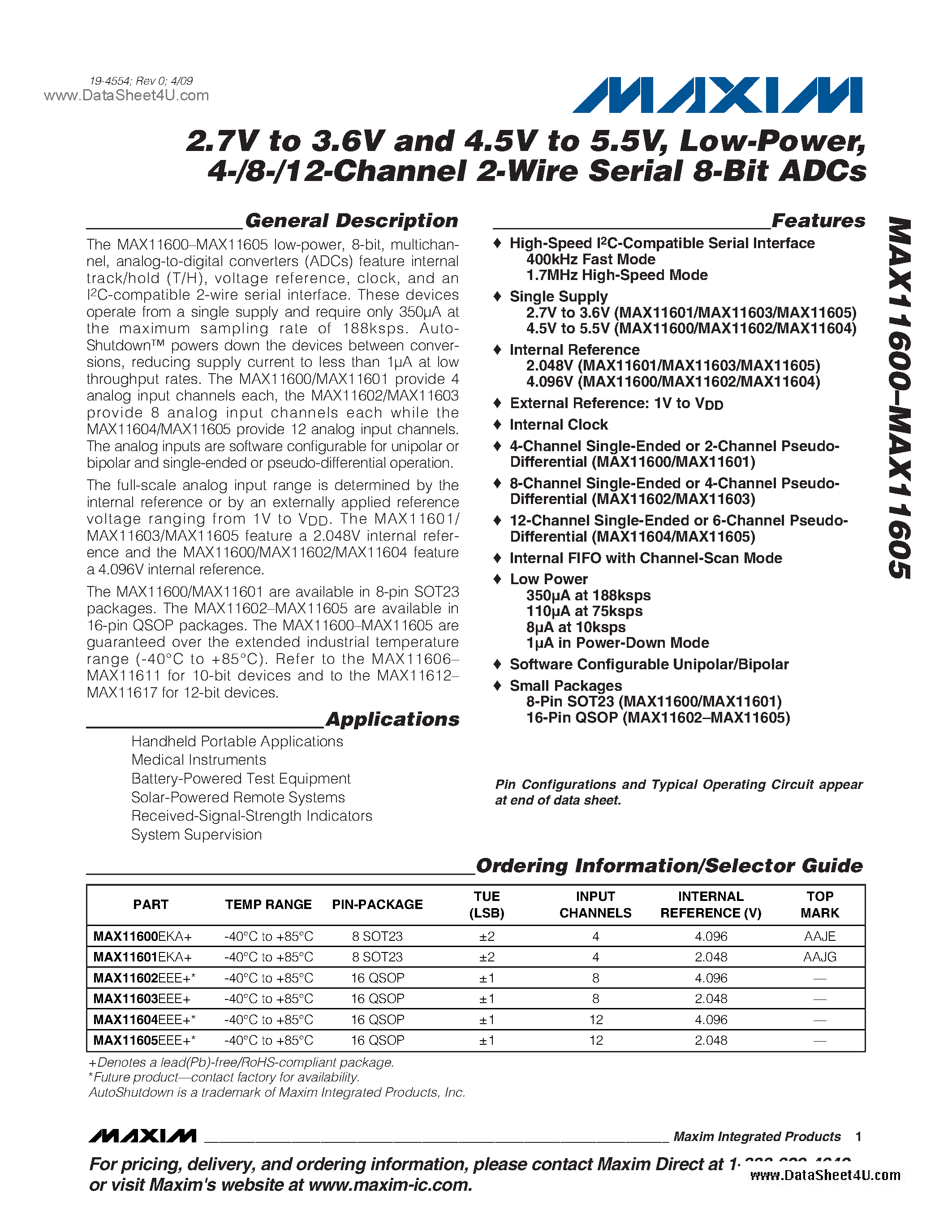 Даташит MAX11600 - (MAX11600 - MAX11605) 2-Wire Serial 8-Bit ADCs страница 1