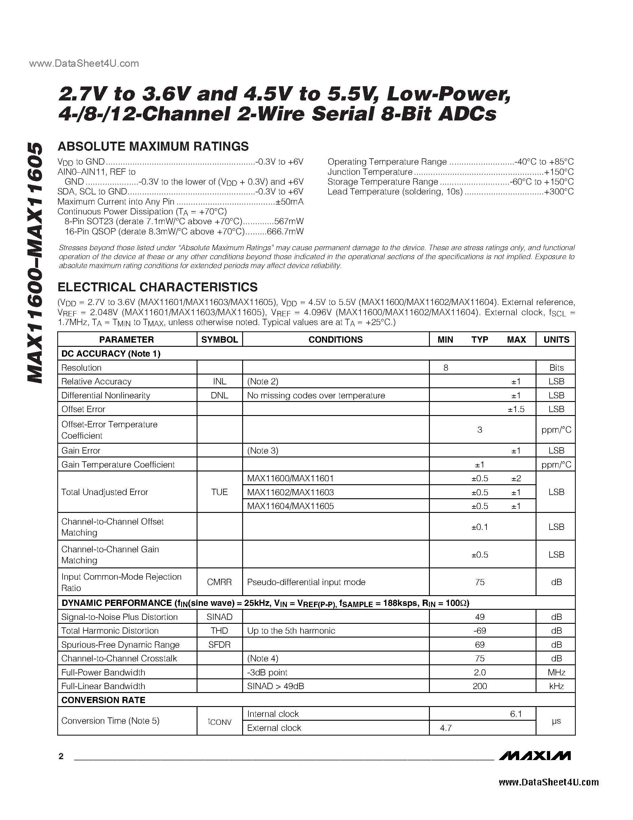 Даташит MAX11600 - (MAX11600 - MAX11605) 2-Wire Serial 8-Bit ADCs страница 2