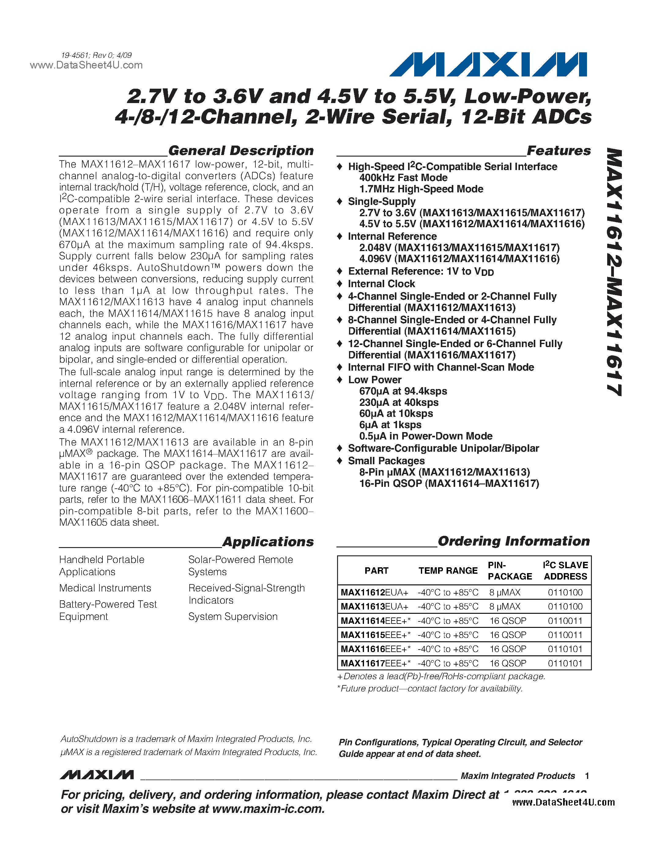 Datasheet MAX11612 - (MAX11612 - MAX11617) 4-/8-/12-Channel ADCs page 1