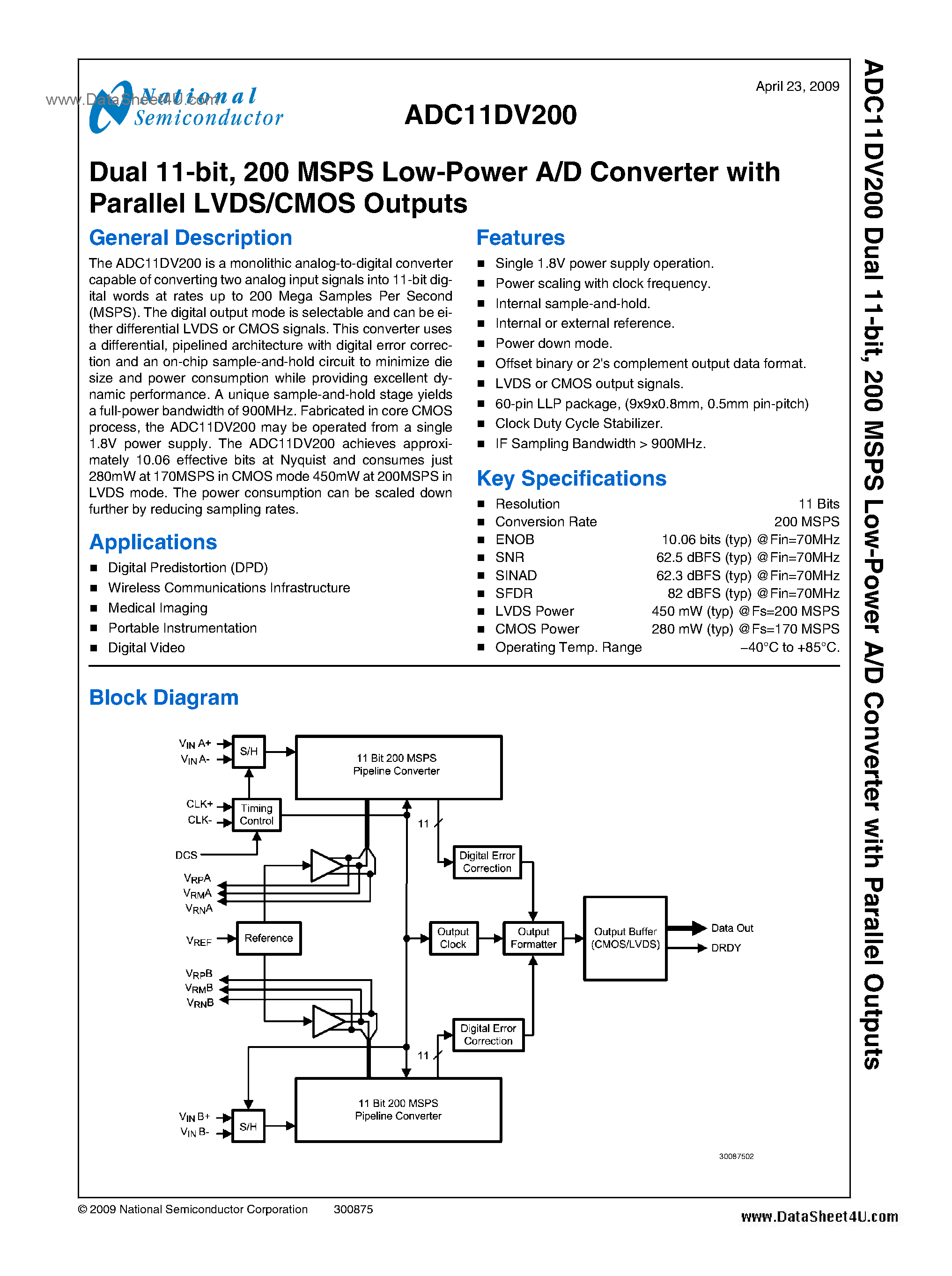 Datasheet ADC11DV200 - 200 MSPS Low-Power A/D Converter page 1