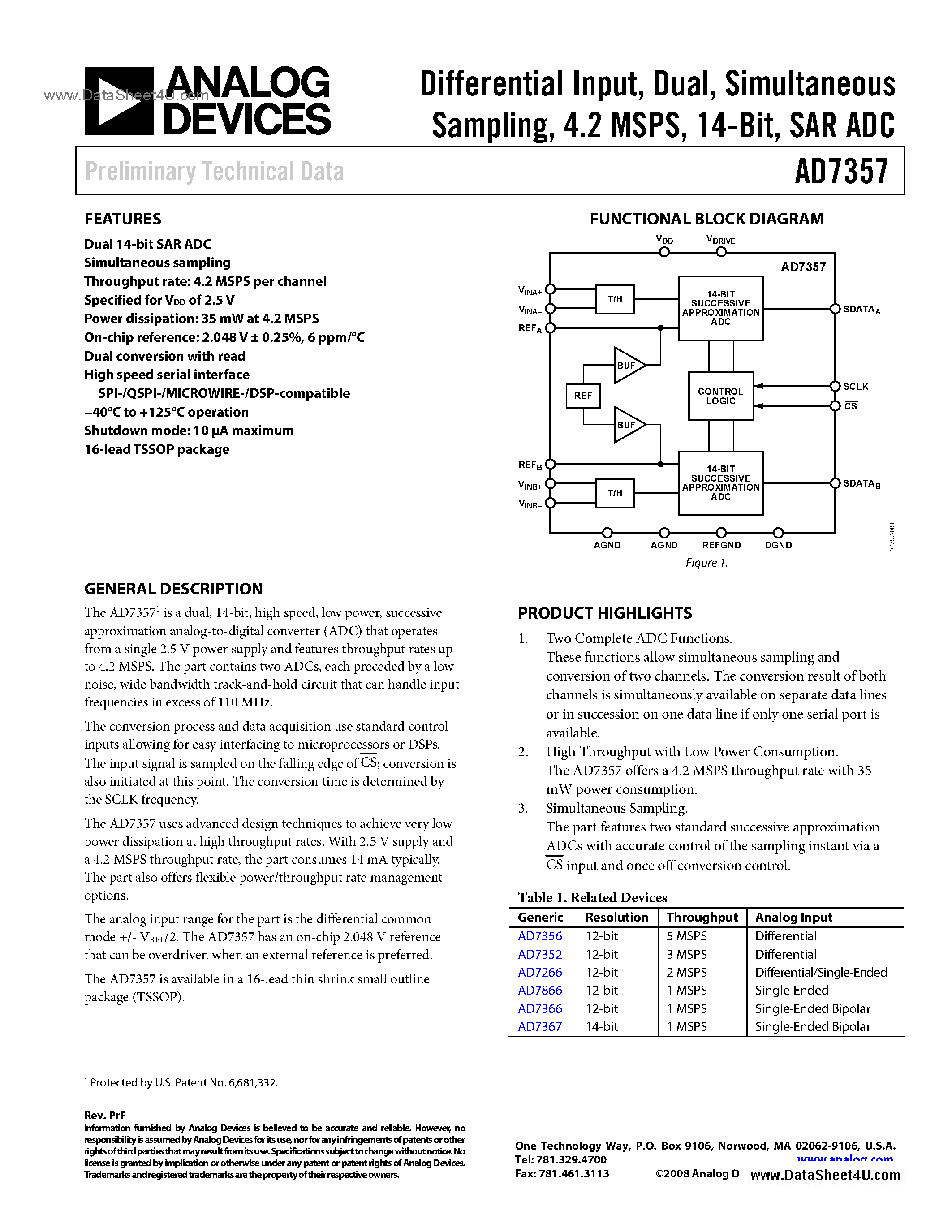 Datasheet AD7357 - SAR ADC page 1