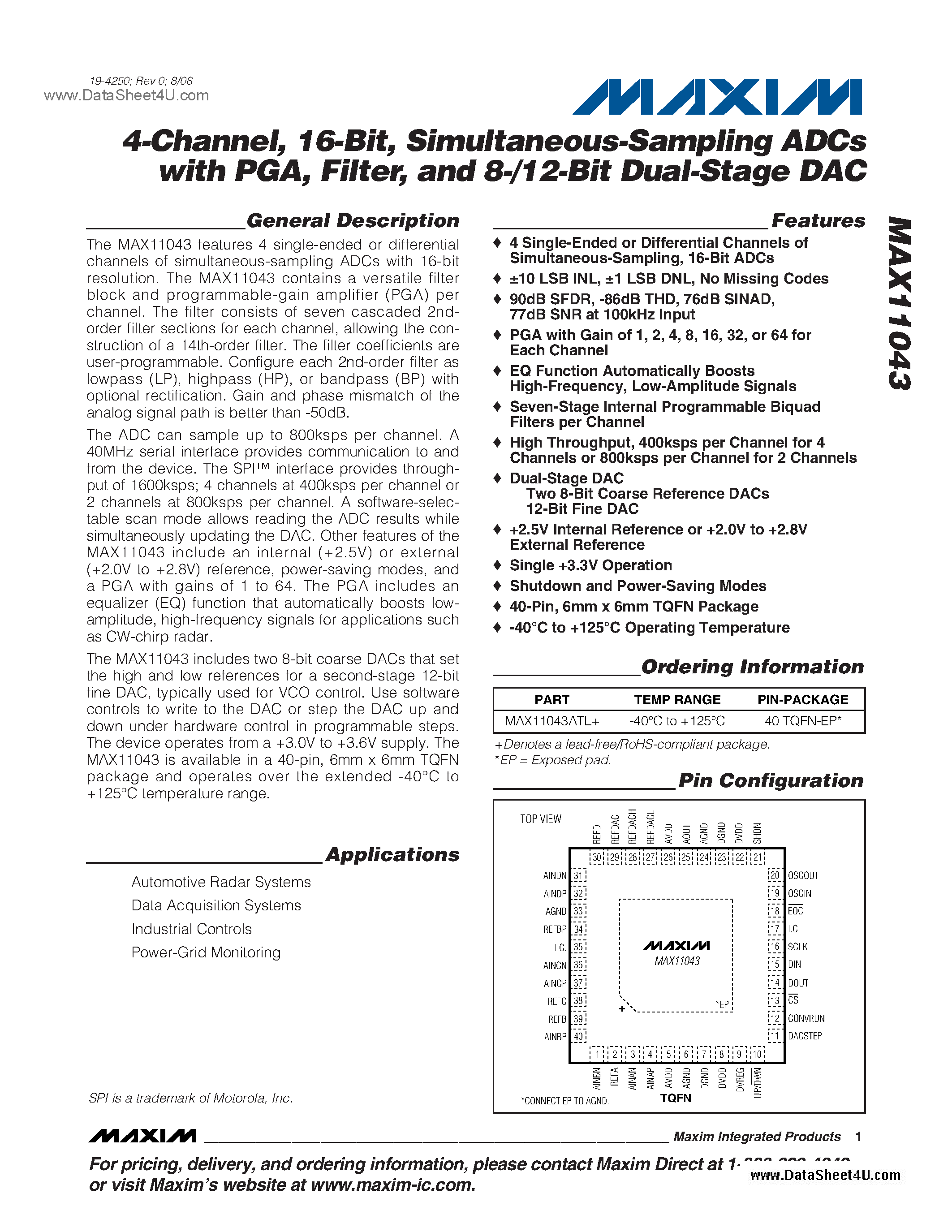 Даташит MAX11043 - Simultaneous Sampling ADCs страница 1