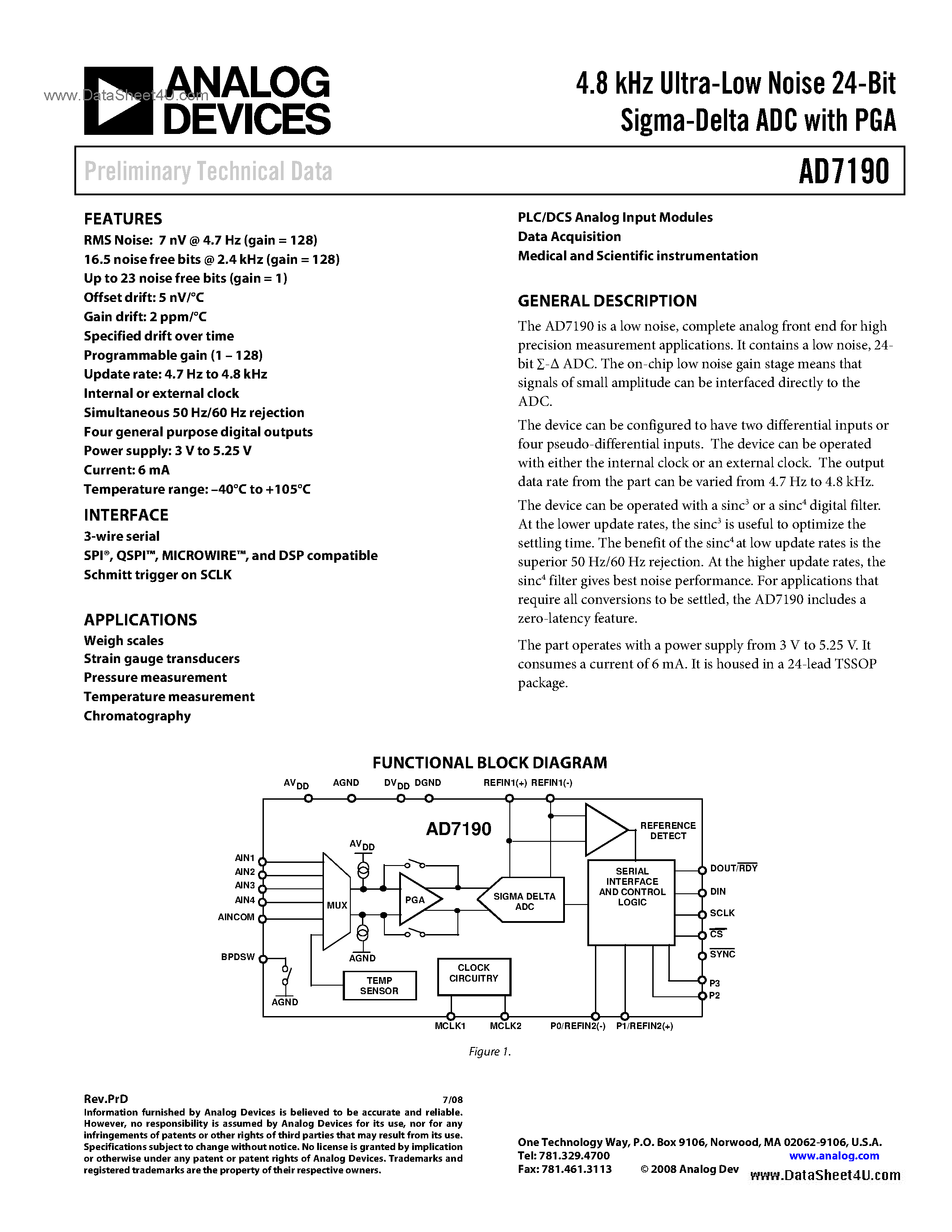 Даташит на микросхему AD7190 страница 1 Даташит AD7190 - 4.8 kHz Ultra-Low Noise 24-Bit Sigma-Delta ADC страница 1