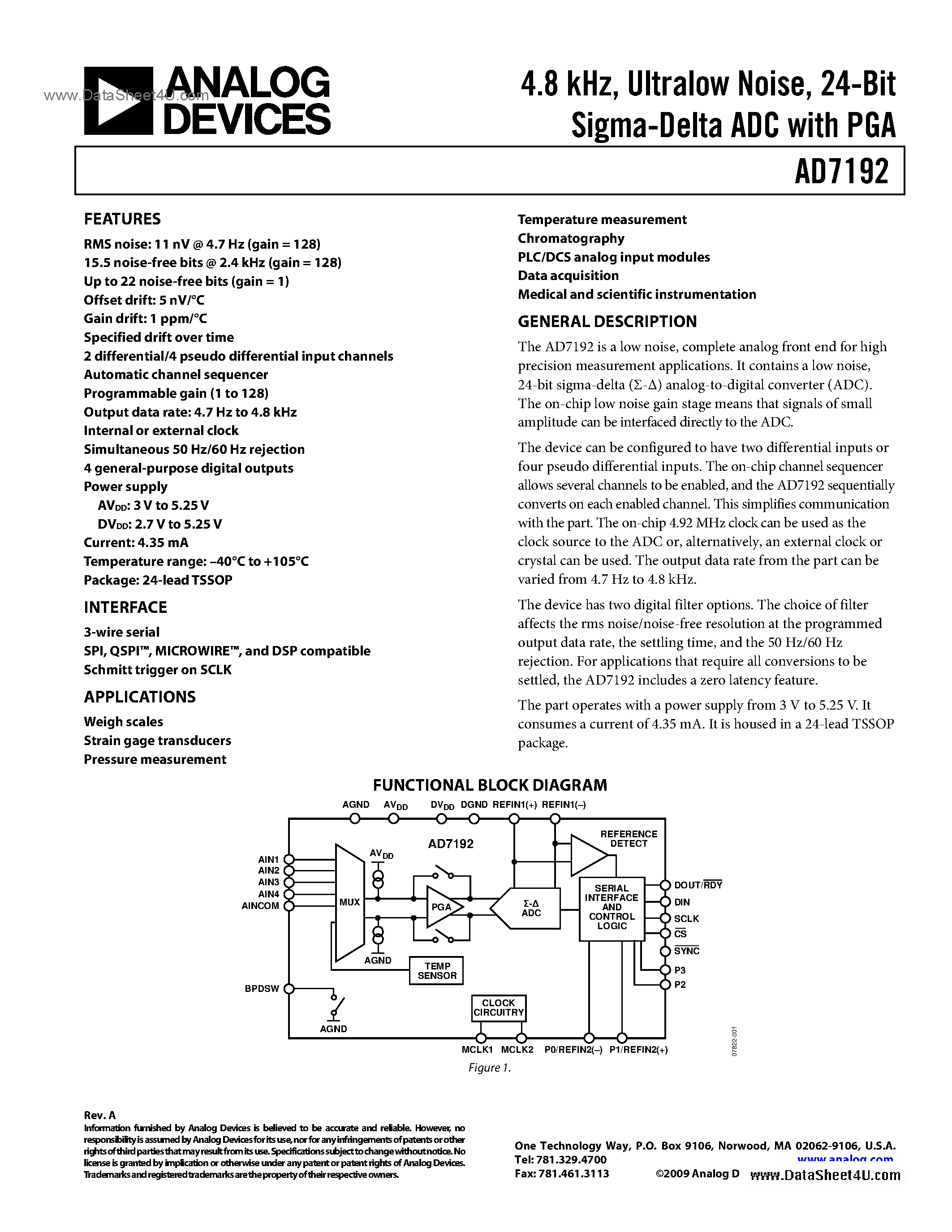 Даташит AD7192 - 4.8 KHz Ultra-Low Noise 24-Bit Sigma-Delta ADC страница 1
