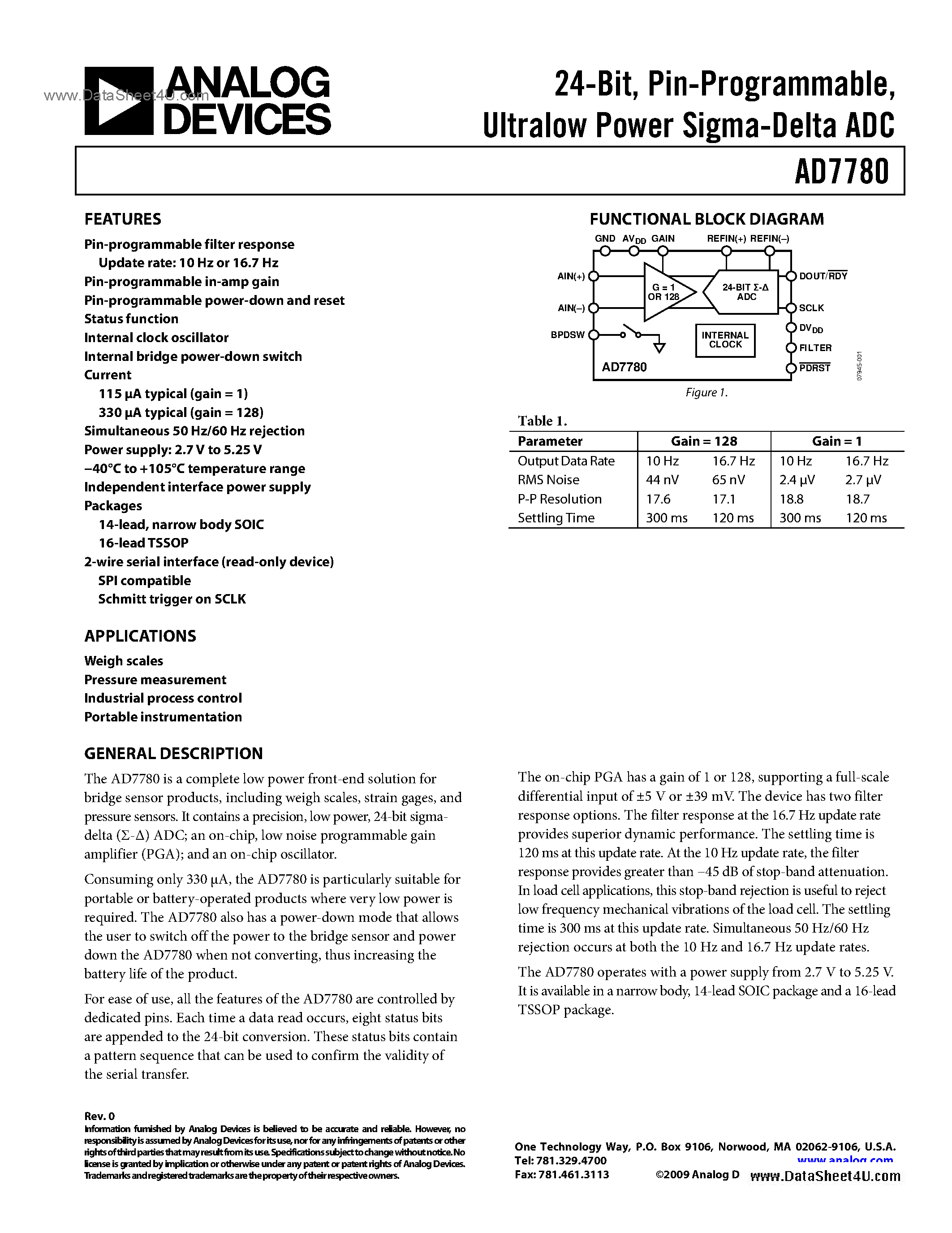 Datasheet AD7780 - 24-Bit Pin-Programmable Low Power ADC page 1
