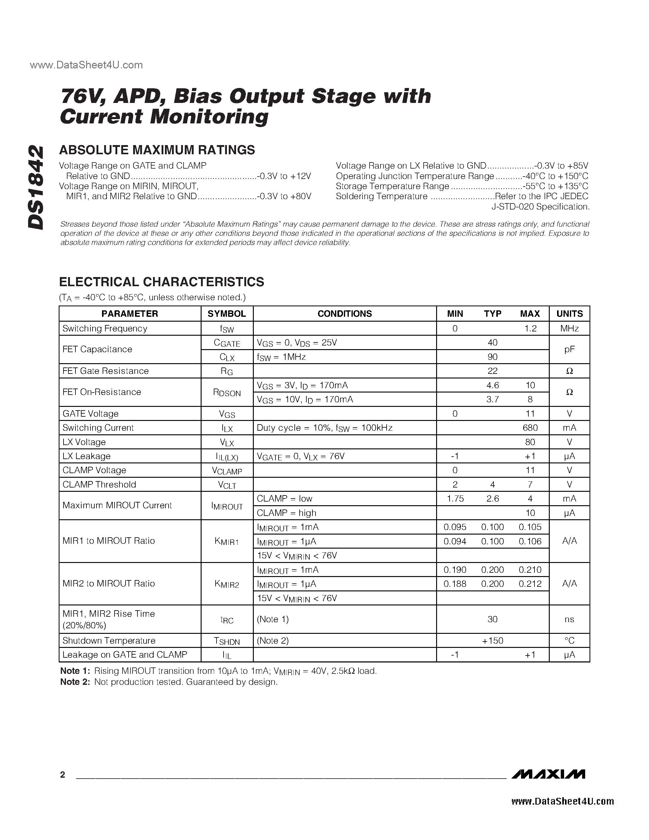 Datasheet DS1842 - Bias Output Stage page 2