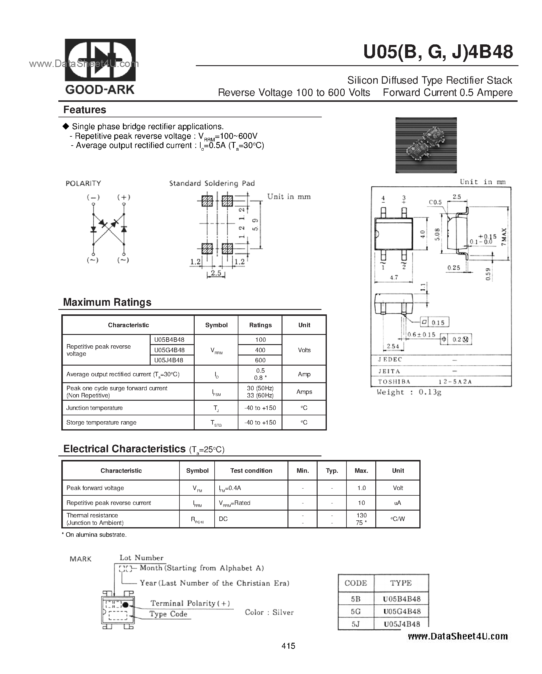 Даташит на микросхему U05B4B48 страница 1 Даташит U05B4B48 - (U05x4B48) Silicon Diffused Type Rectifier Stack страница 1