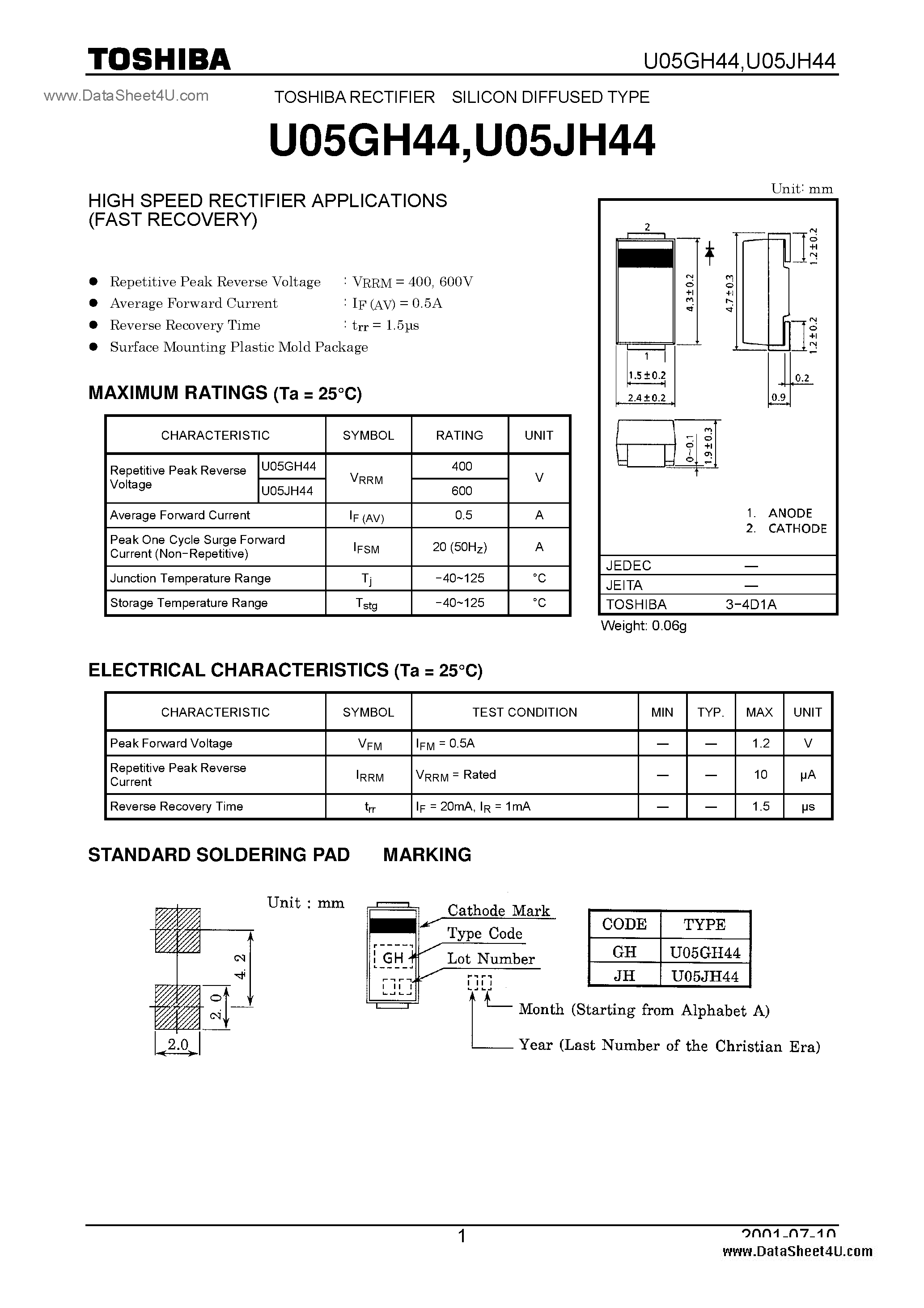 Datasheet U05GH44 - (U05JH44 / U05GH44) HIGH SPEED RECTIFIER APPLICATIONS page 1