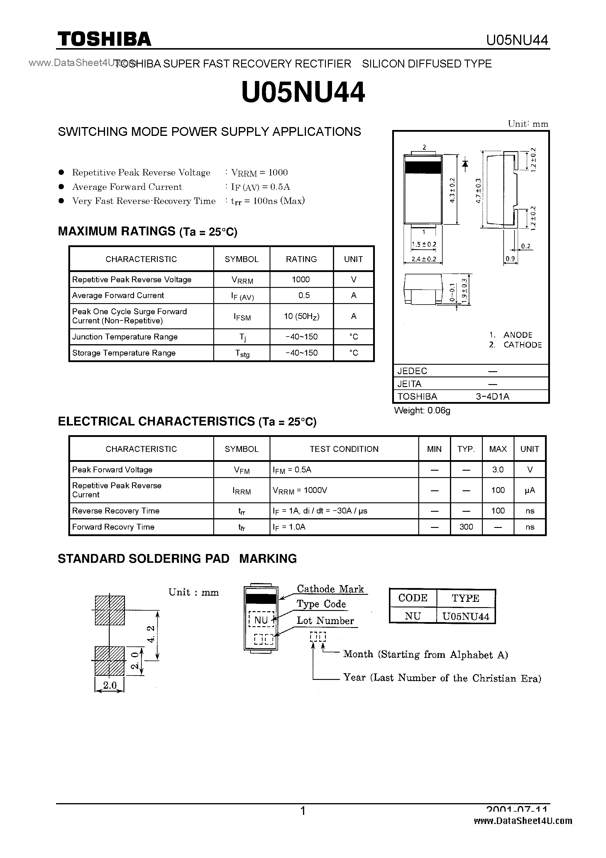 Datasheet U05NU44 - SUPER FAST RECOVERY RECTIFIER SILICON DIFFUSED TYPE page 1