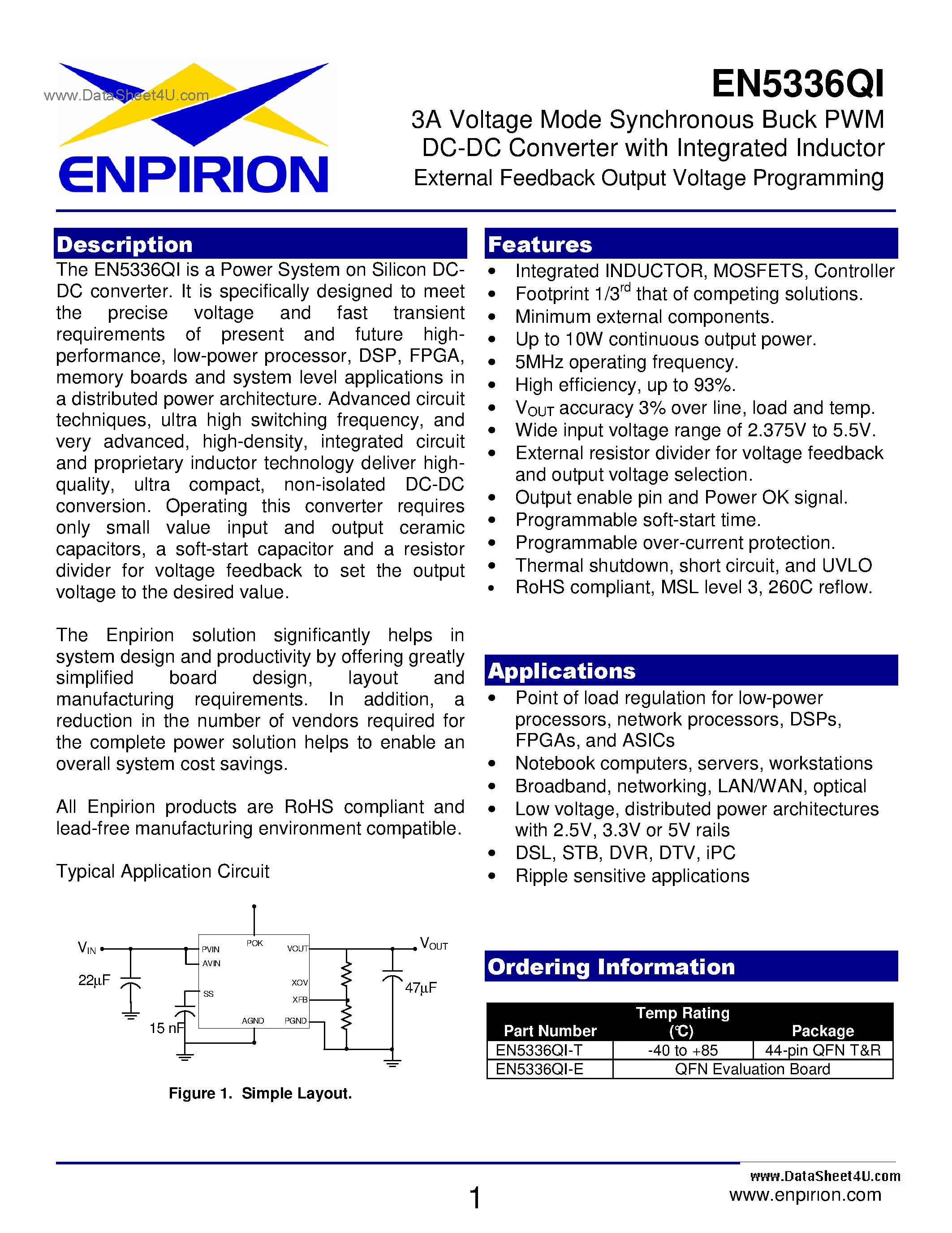 Даташит на микросхему EN5336QI страница 1 Даташит EN5336QI - 3 Amp Buck Converter страница 1