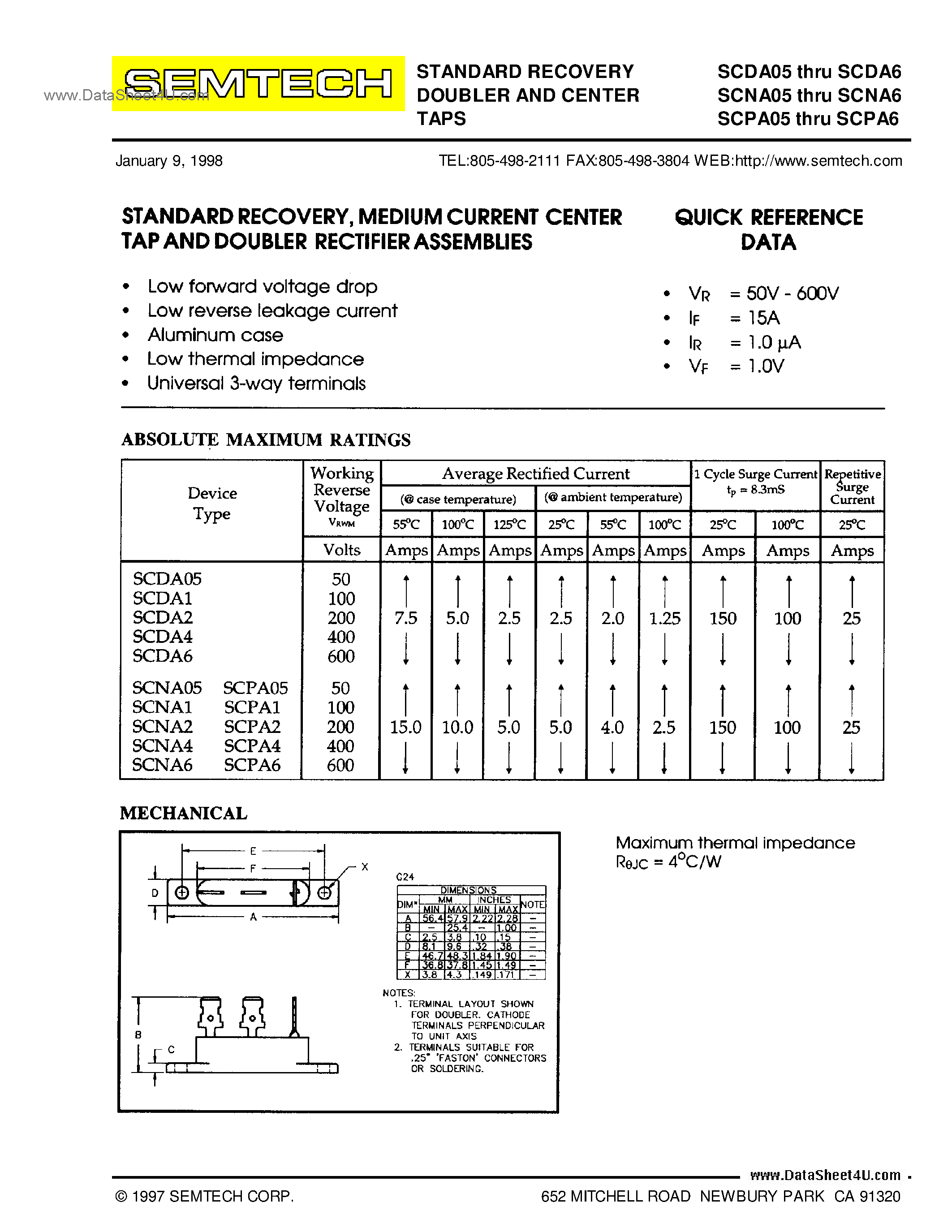 Даташит на микросхему SCDA05 страница 1 Даташит SCDA05 - (SCDA05 - SCDA6) STANDARD RECOVERY DOUBLER AND CENTER TAPS страница 1
