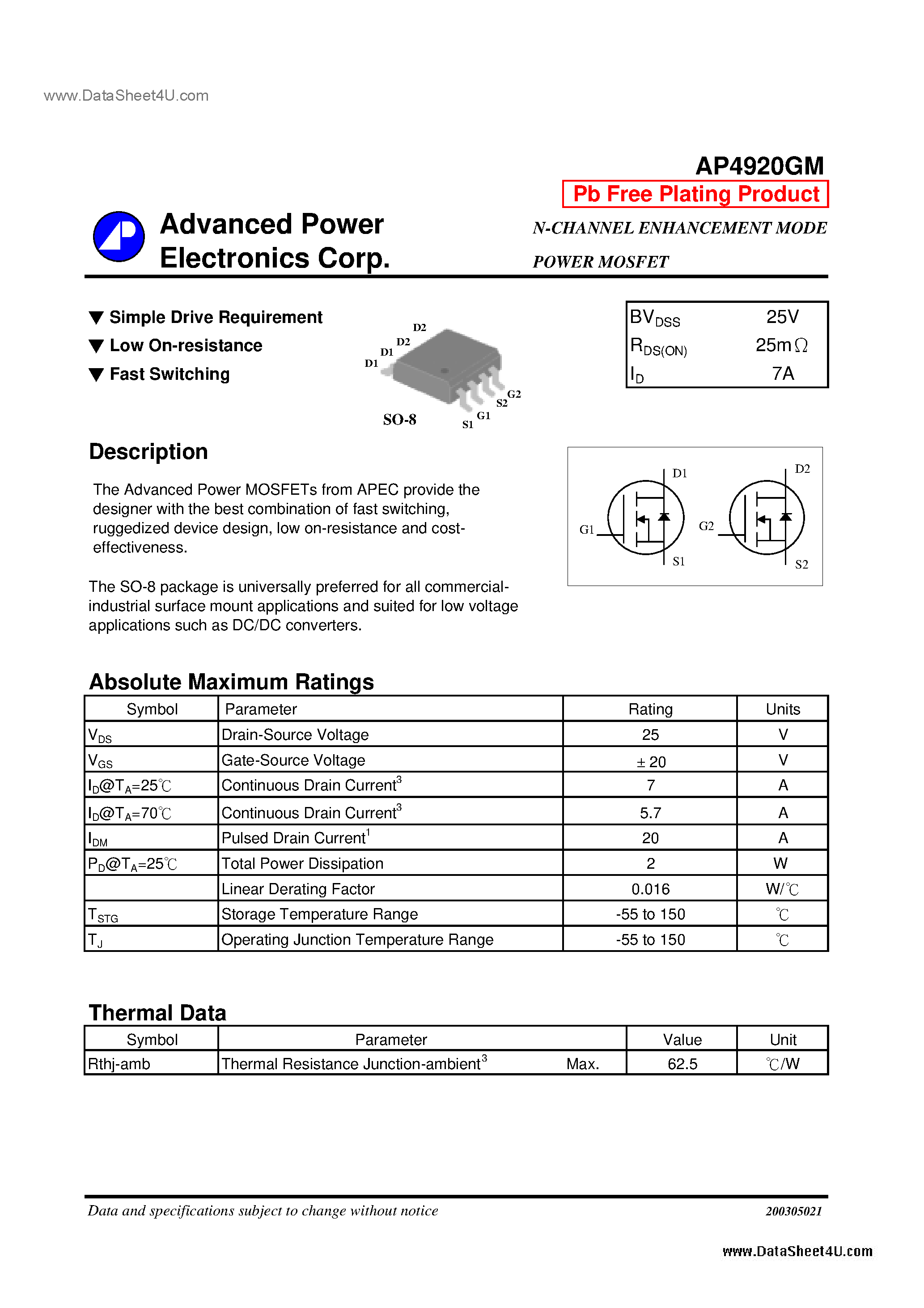 Datasheet AP4920GM - N-CHANNEL ENHANCEMENT MODE POWER MOSFET page 1